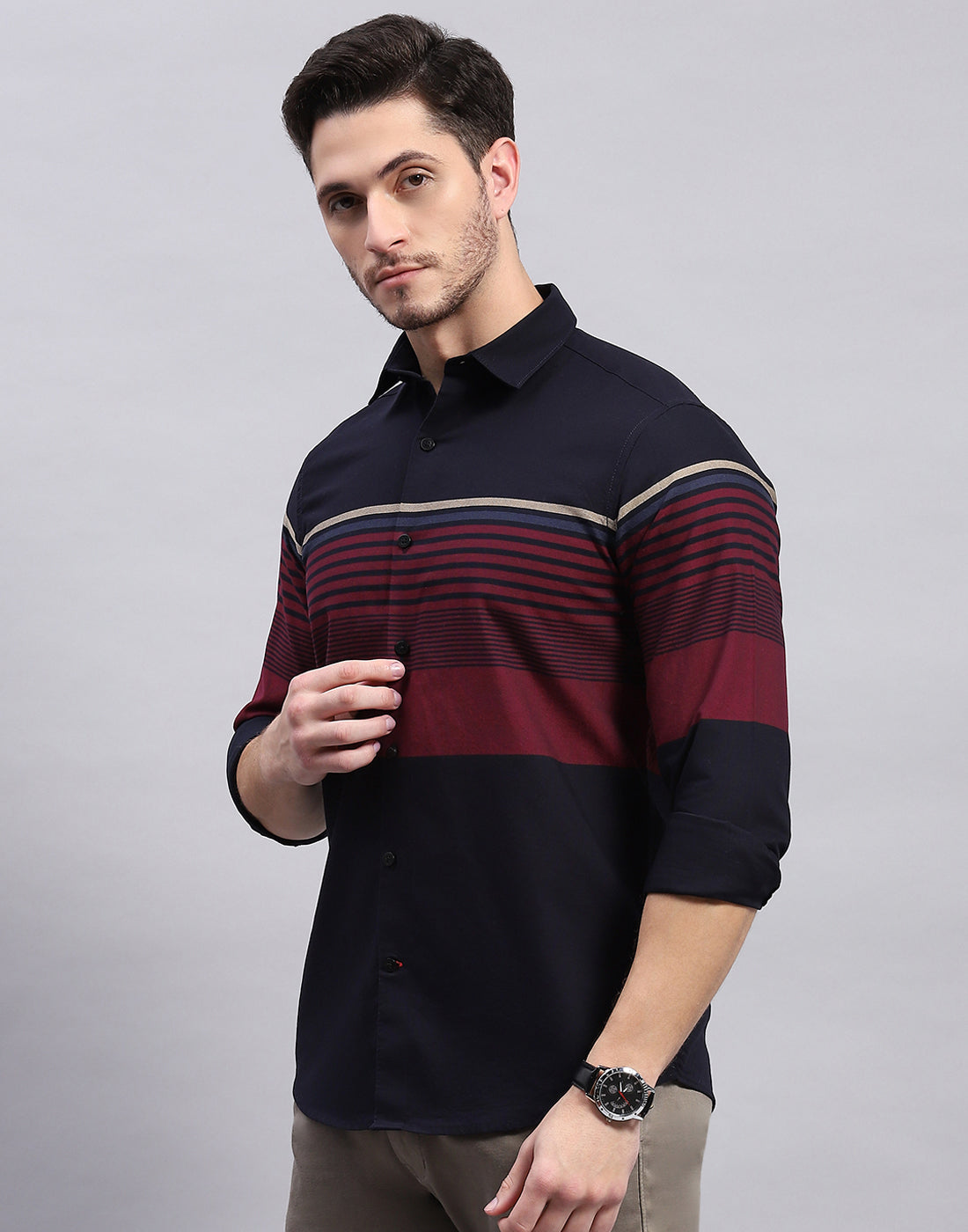 Men Navy Blue Stripe Collar Full Sleeve Shirt