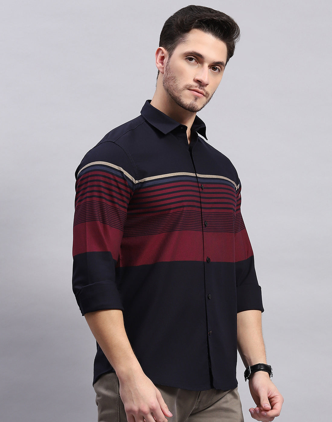 Men Navy Blue Stripe Collar Full Sleeve Shirt
