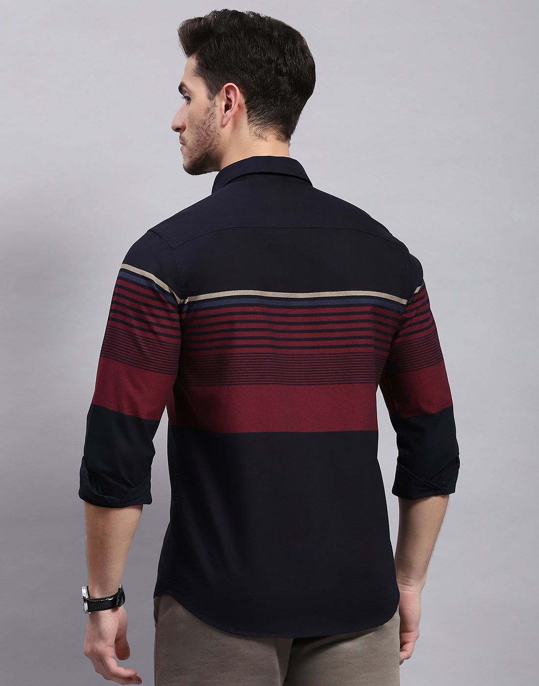 Men Navy Blue Stripe Collar Full Sleeve Shirt
