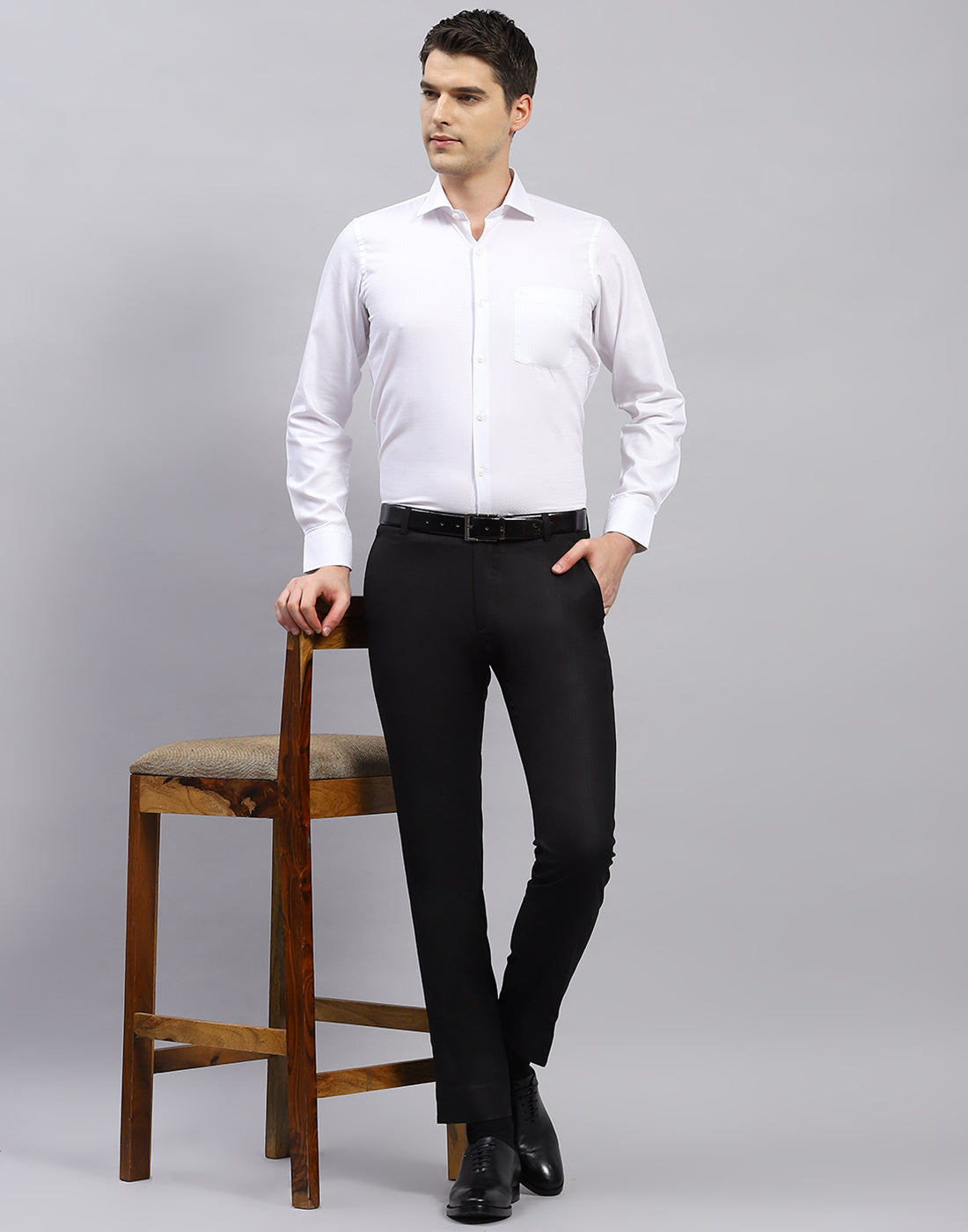 Men White Self Design Collar Full Sleeve Shirt