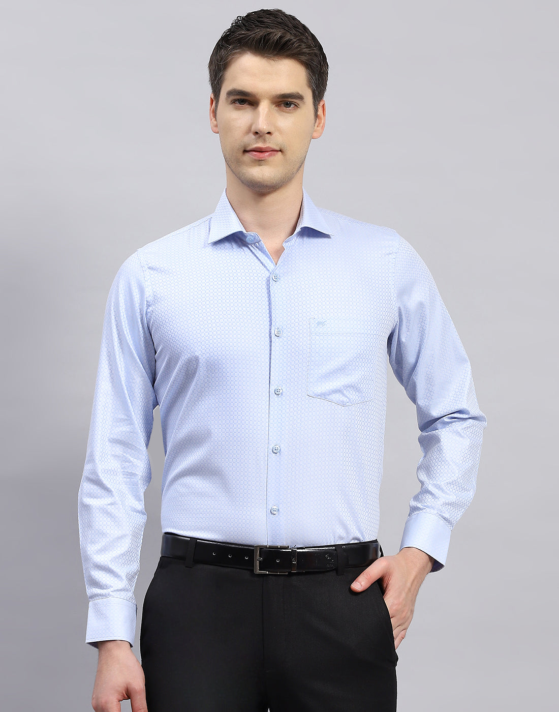 Men Sky Blue Self Design Collar Full Sleeve Shirt