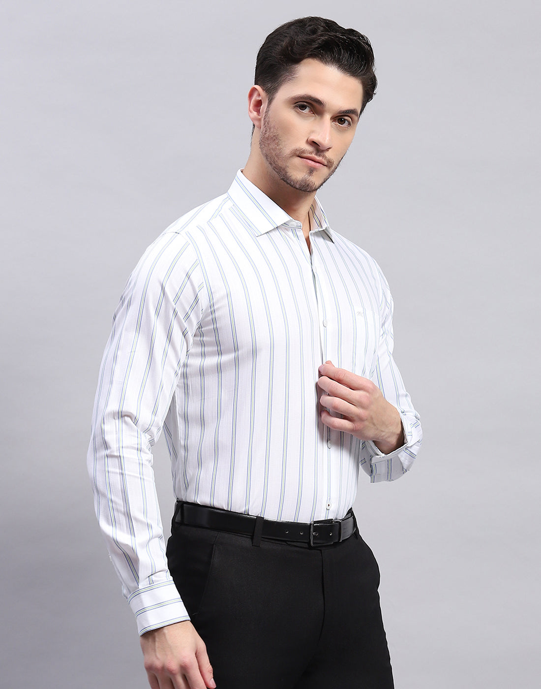 Men Green Stripe Collar Full Sleeve Shirt