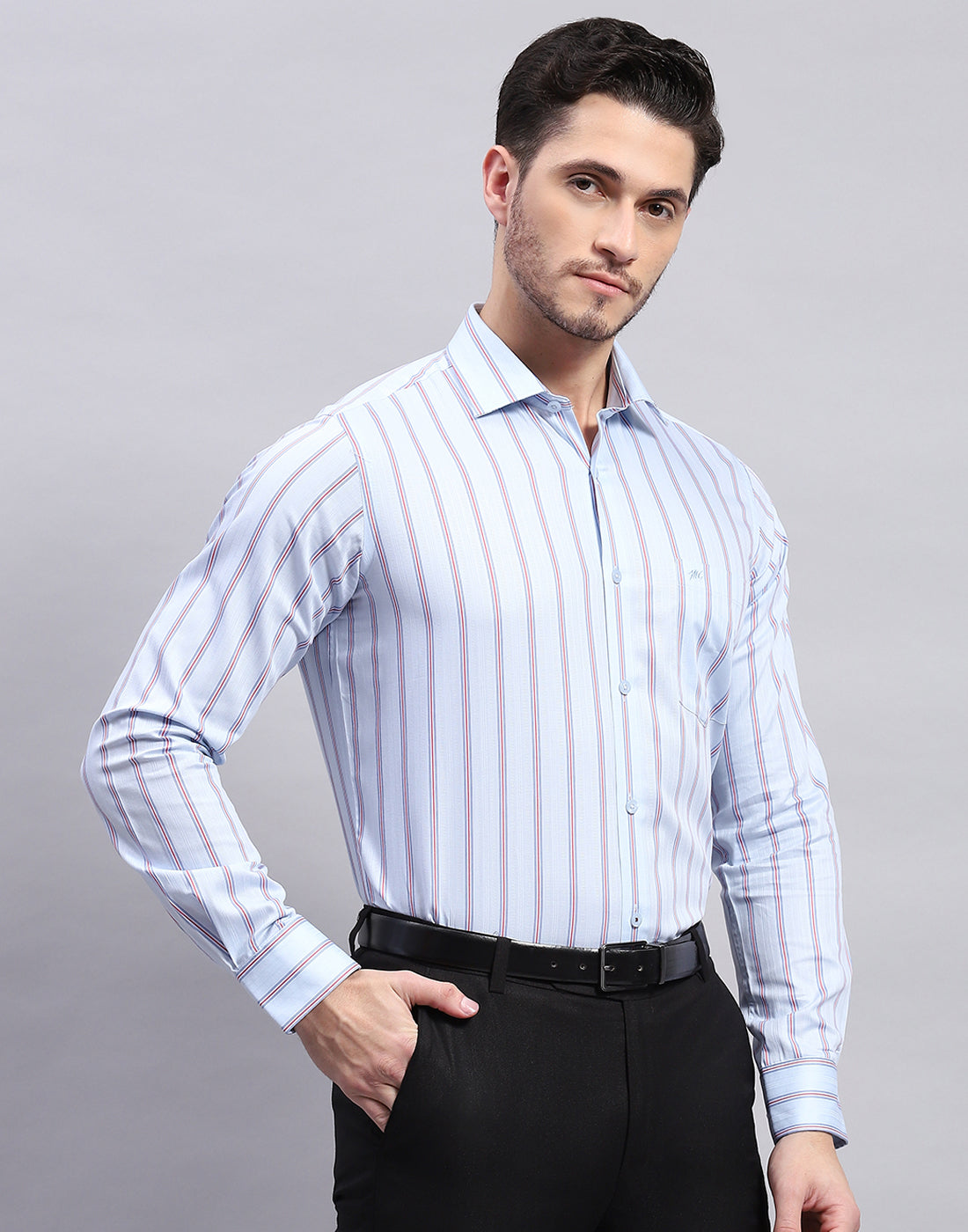 Men Sky Blue Stripe Collar Full Sleeve Shirt