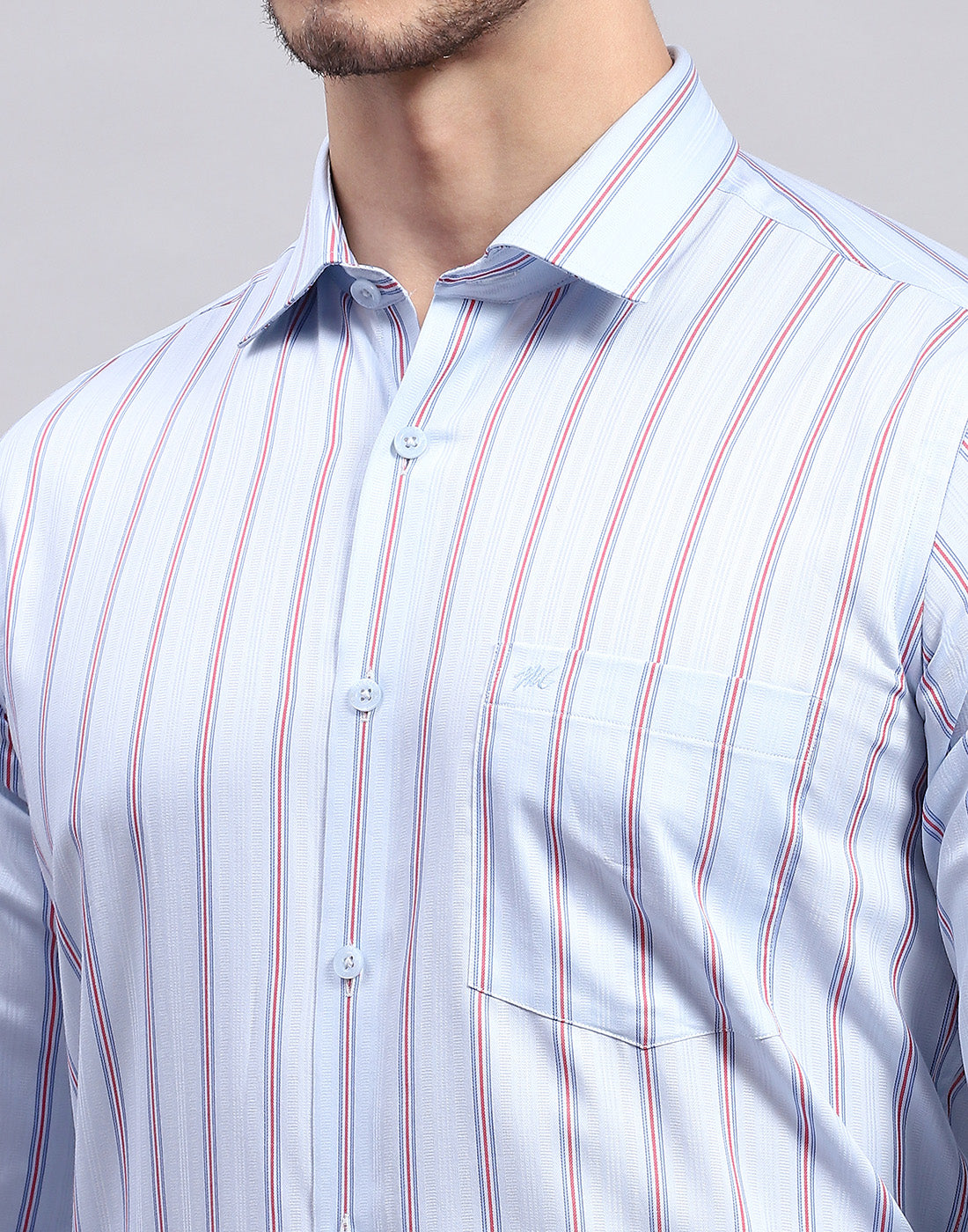 Men Sky Blue Stripe Collar Full Sleeve Shirt