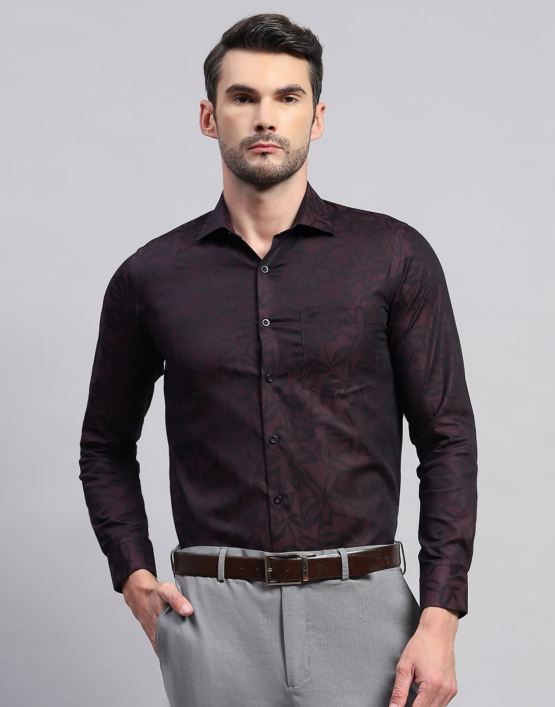 Men Maroon Floral Print Collar Neck Full Sleeve Shirt