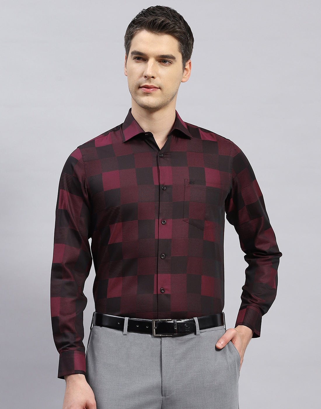 Men Maroon Check Collar Full Sleeve Shirt