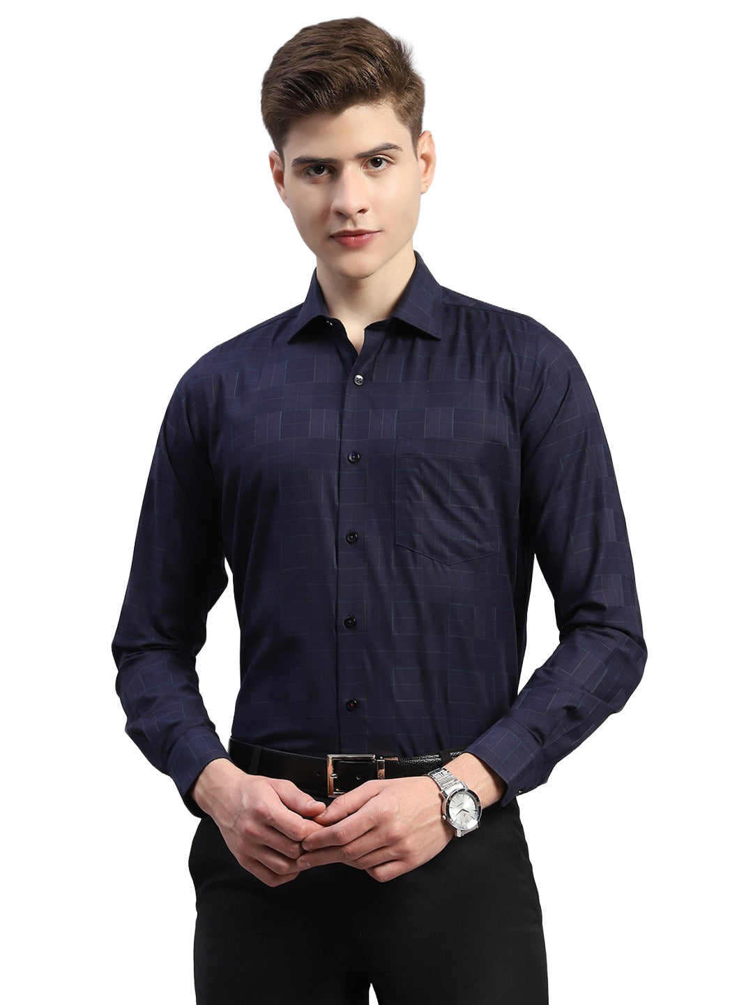 Luxuria Men Navy Blue Self Design Collar Full Sleeve Shirt