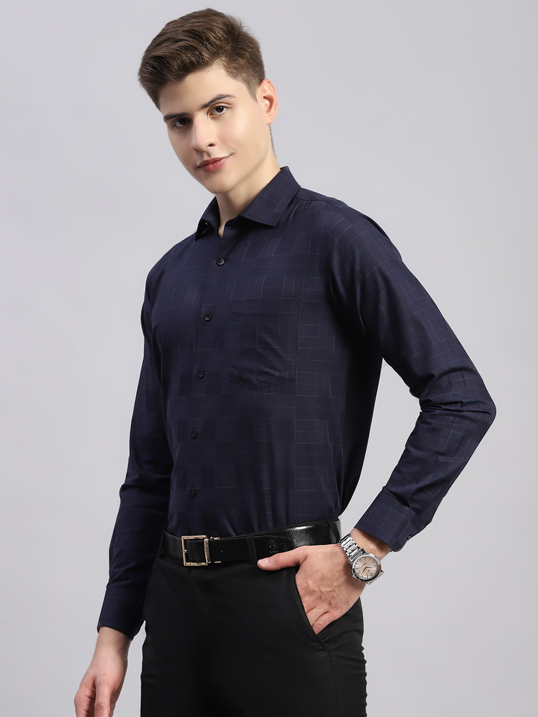Luxuria Men Navy Blue Self Design Collar Full Sleeve Shirt