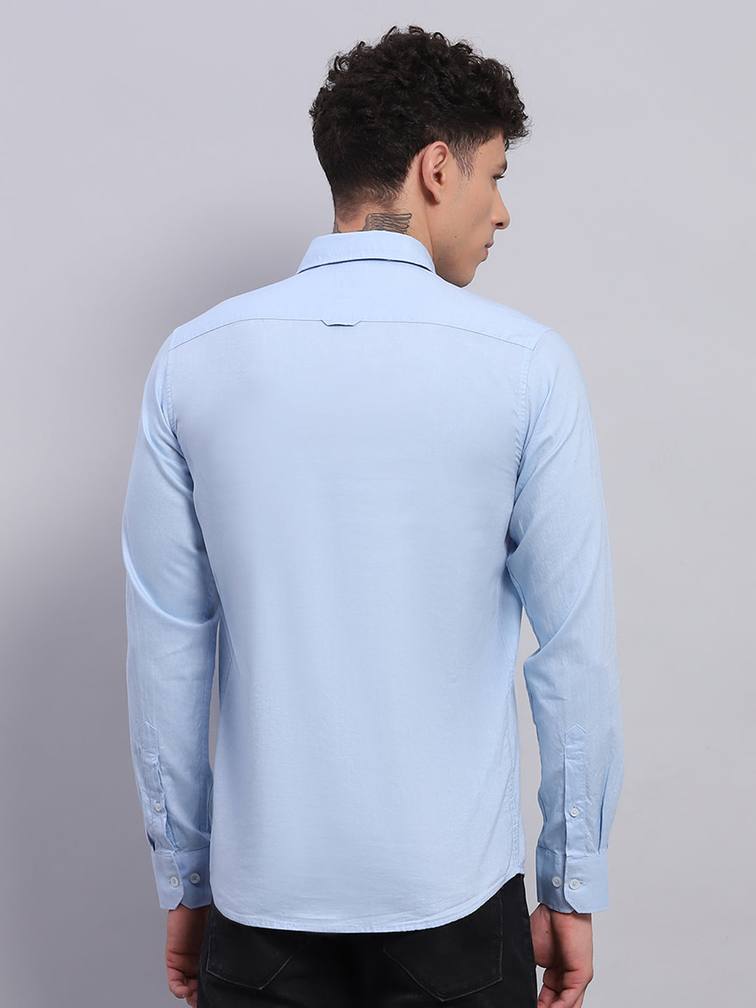 Men Blue Solid Collar Full Sleeve Shirt