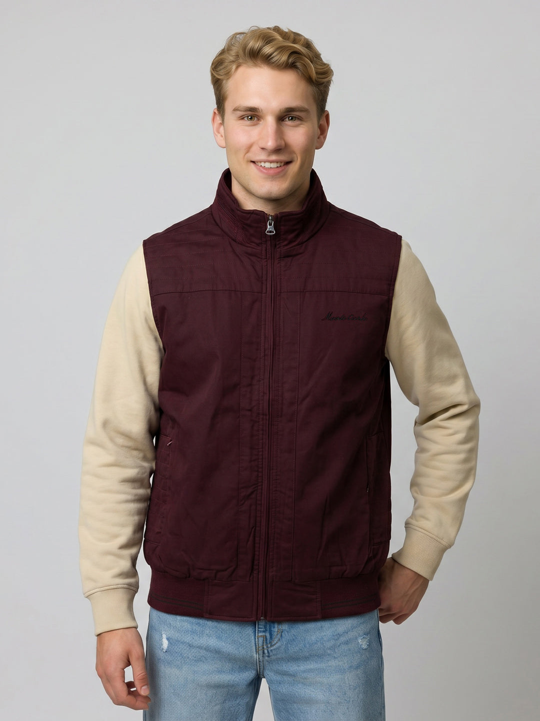 Men Maroon Solid Stand Collar Sleeveless Jacket