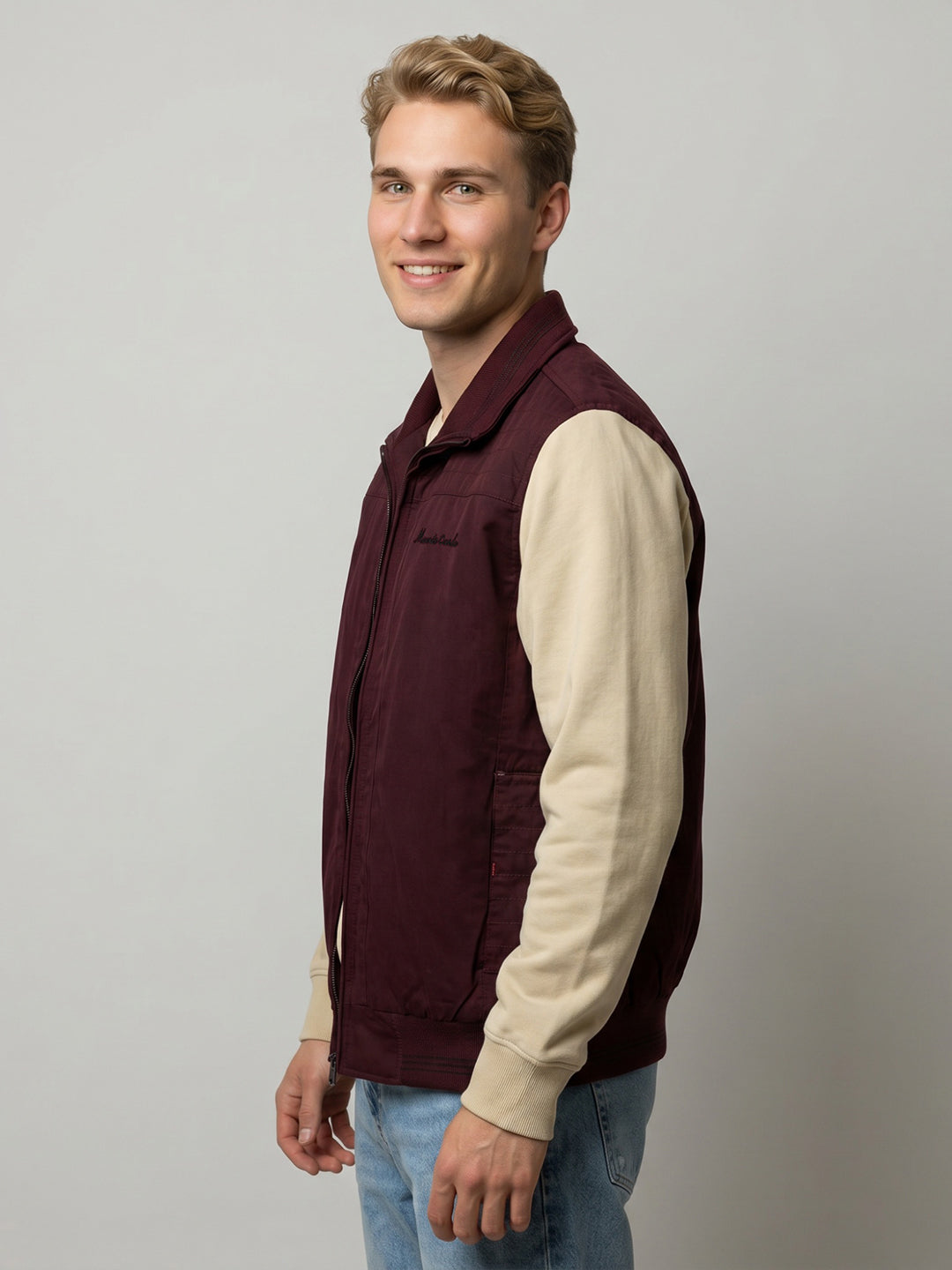 Men Maroon Solid Stand Collar Sleeveless Jacket