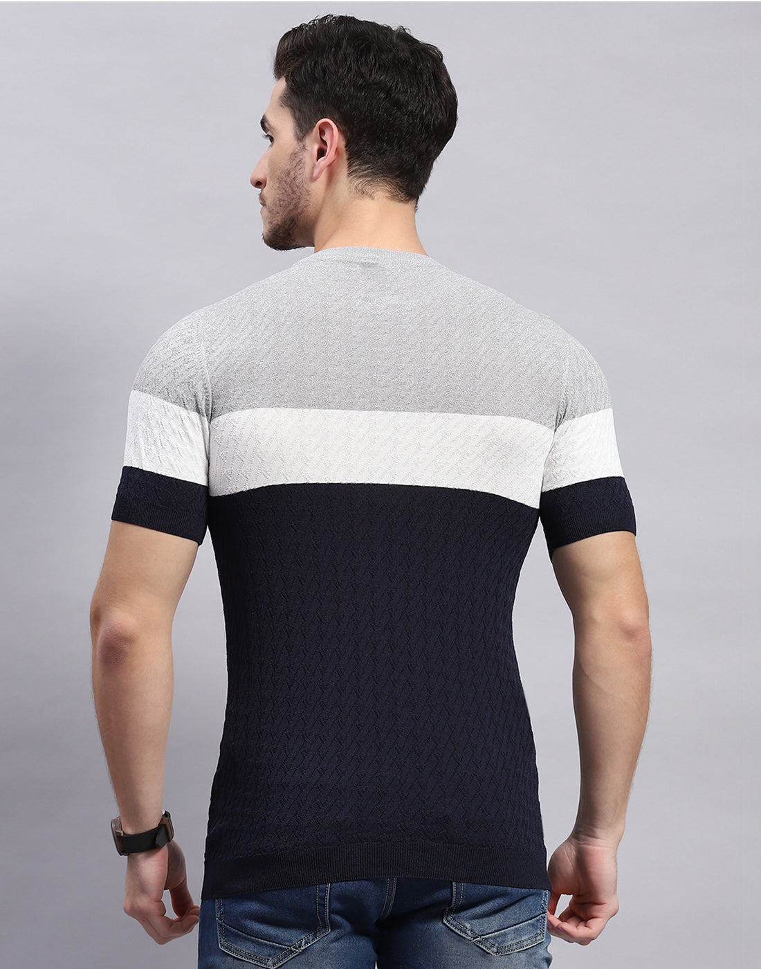 Men Navy Blue Stripe Round Neck Half Sleeve T-Shirt