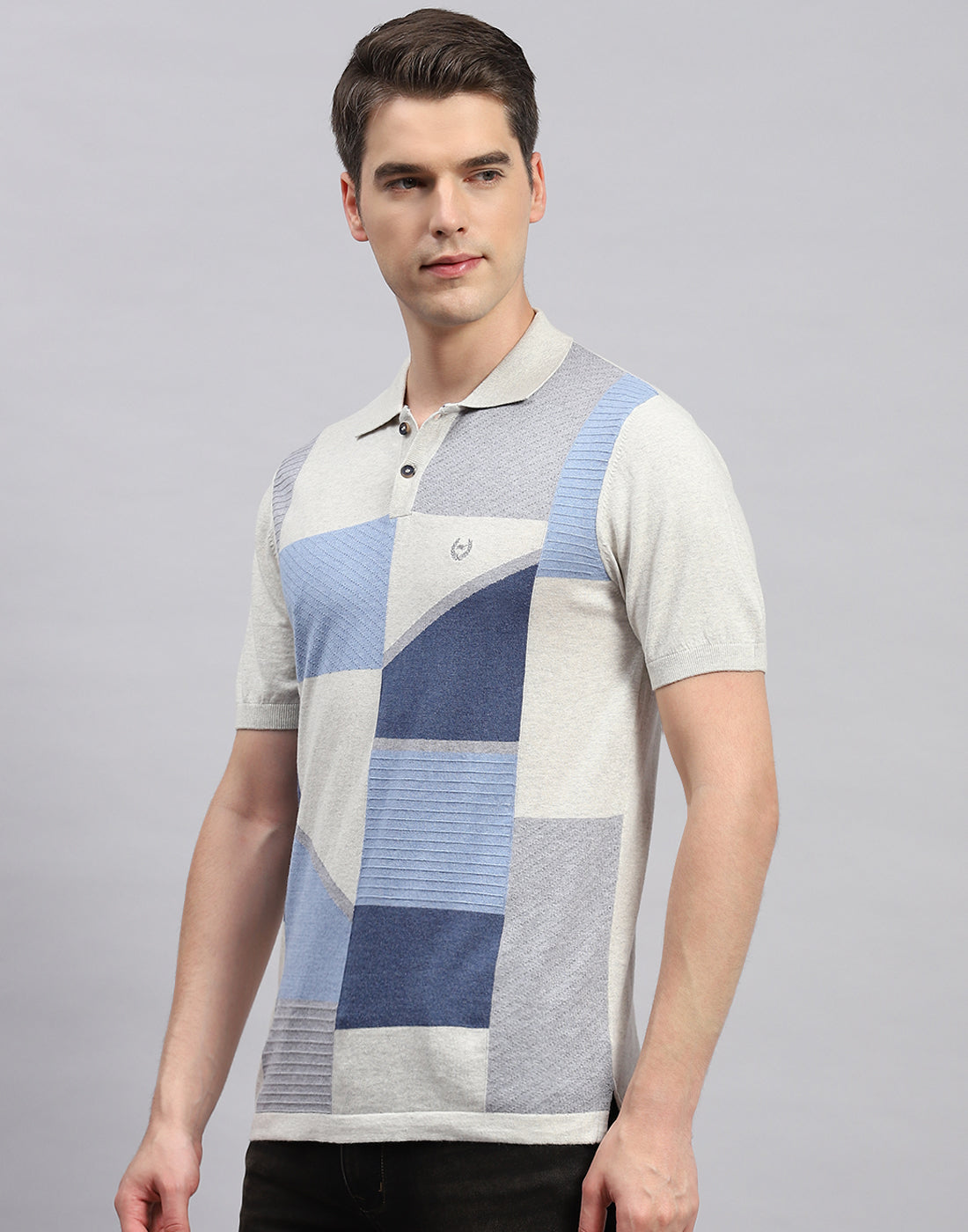 Men Beige Stripe Polo Collar Half Sleeve T-Shirt
