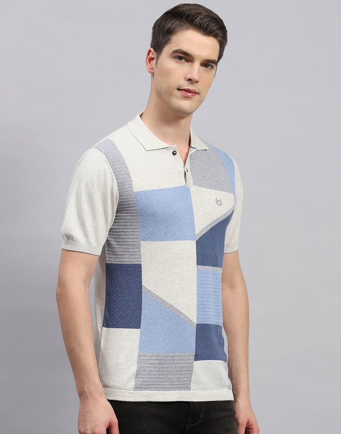 Men Beige Stripe Polo Collar Half Sleeve T-Shirt