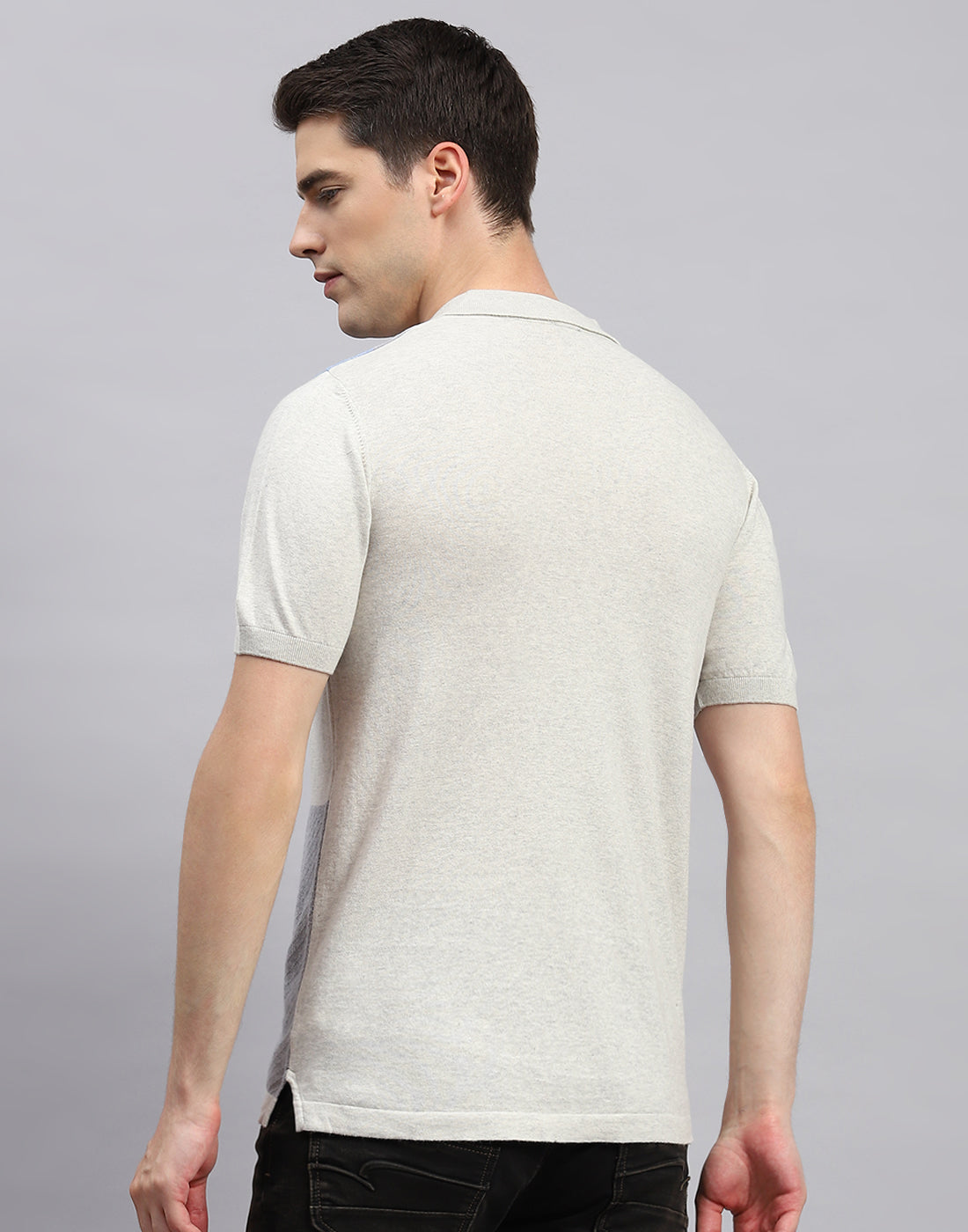 Men Beige Stripe Polo Collar Half Sleeve T-Shirt