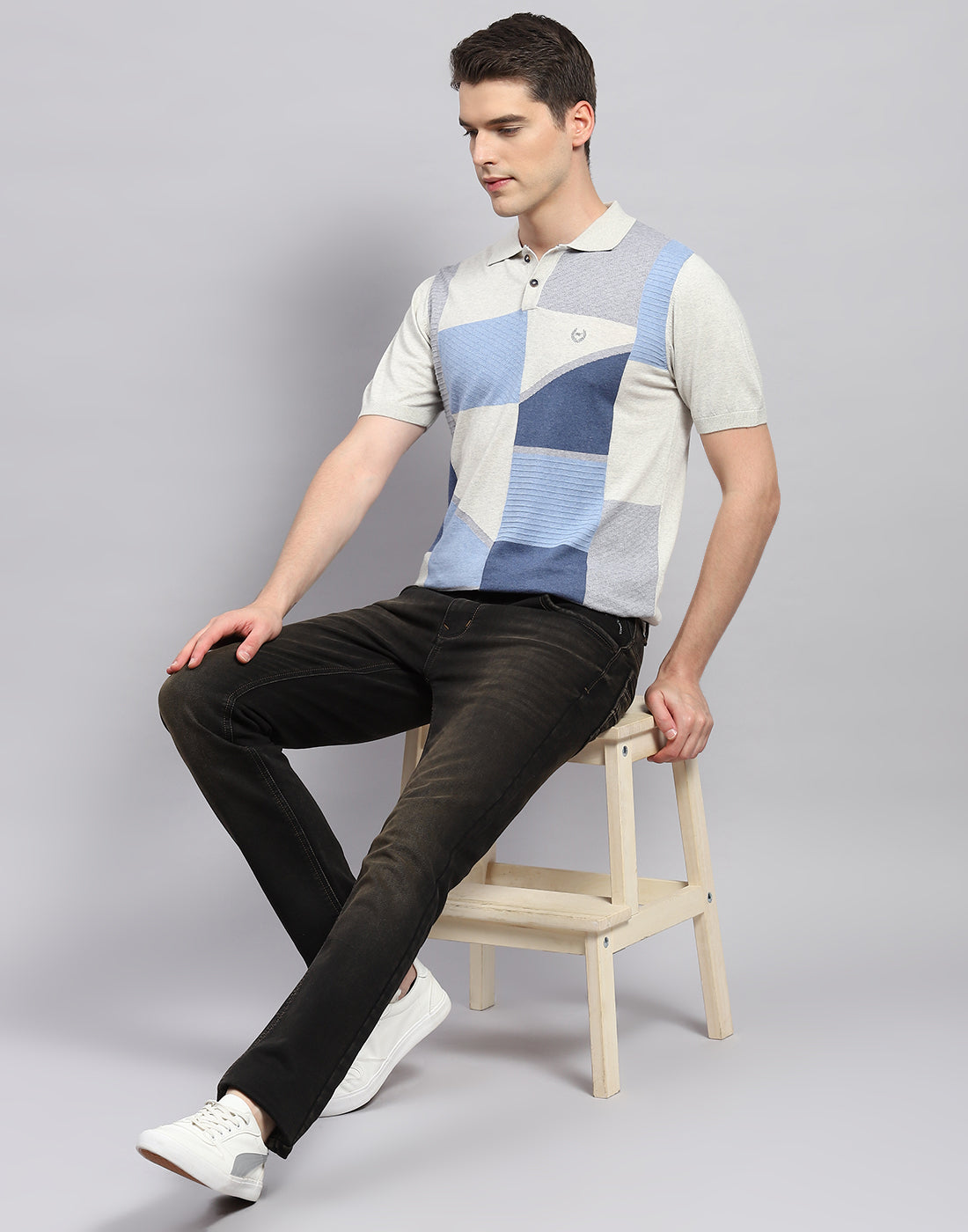 Men Beige Stripe Polo Collar Half Sleeve T-Shirt