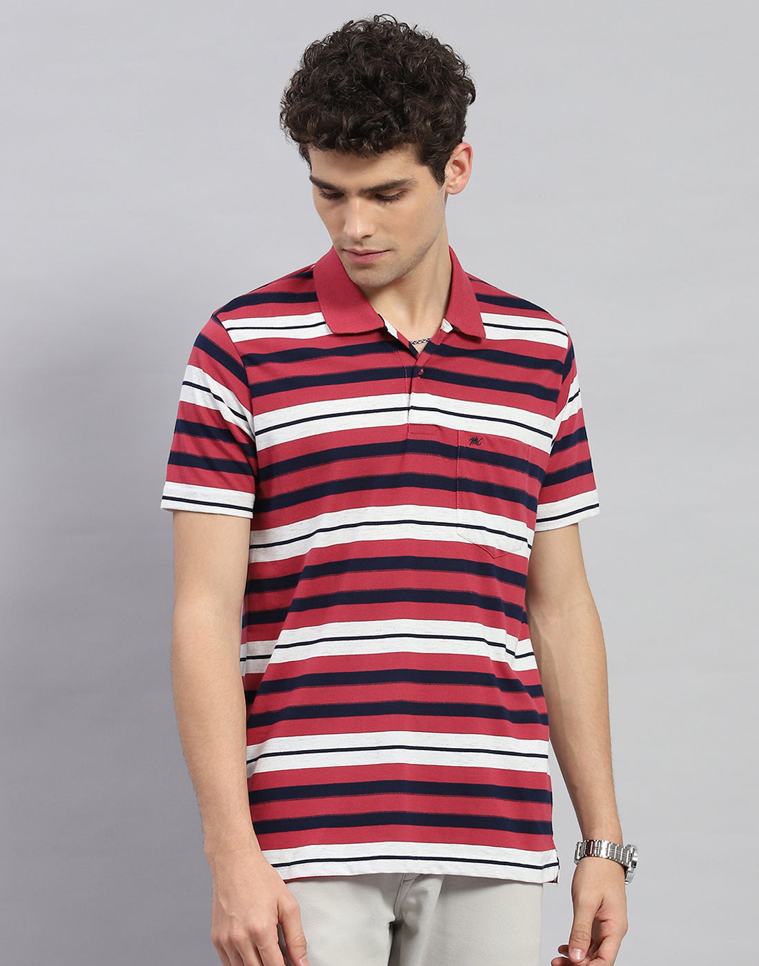 Men Red Stripe Polo Collar Half Sleeve T-Shirt