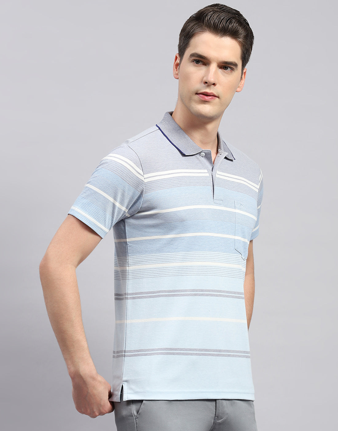 Men Sky Blue Stripe Collar Neck Half Sleeve T-Shirt