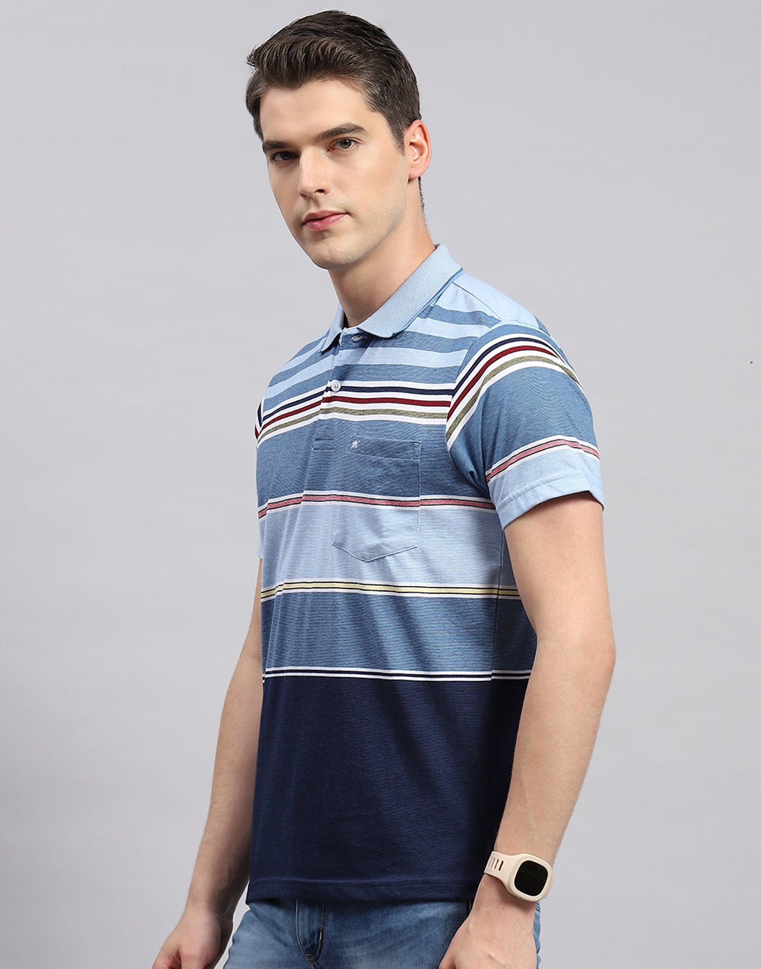 Men Blue Stripe Collar Neck Half Sleeve T-Shirt