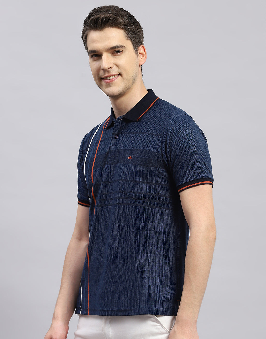 Men Navy Blue Stripe Polo Collar Half Sleeve T-Shirt