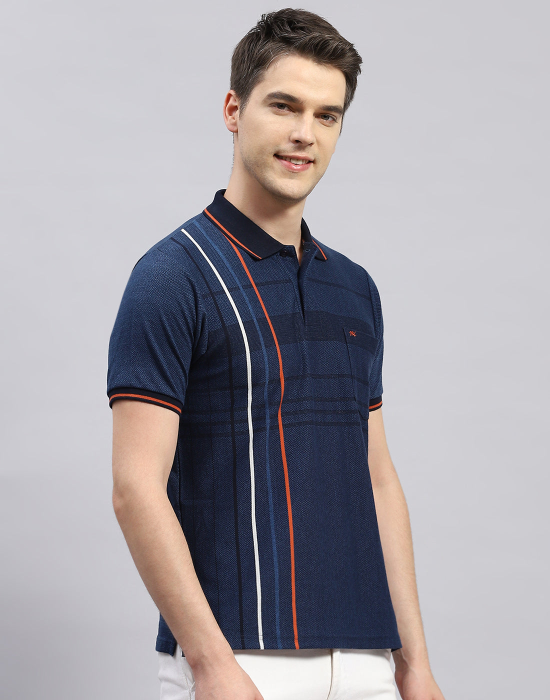 Men Navy Blue Stripe Polo Collar Half Sleeve T-Shirt