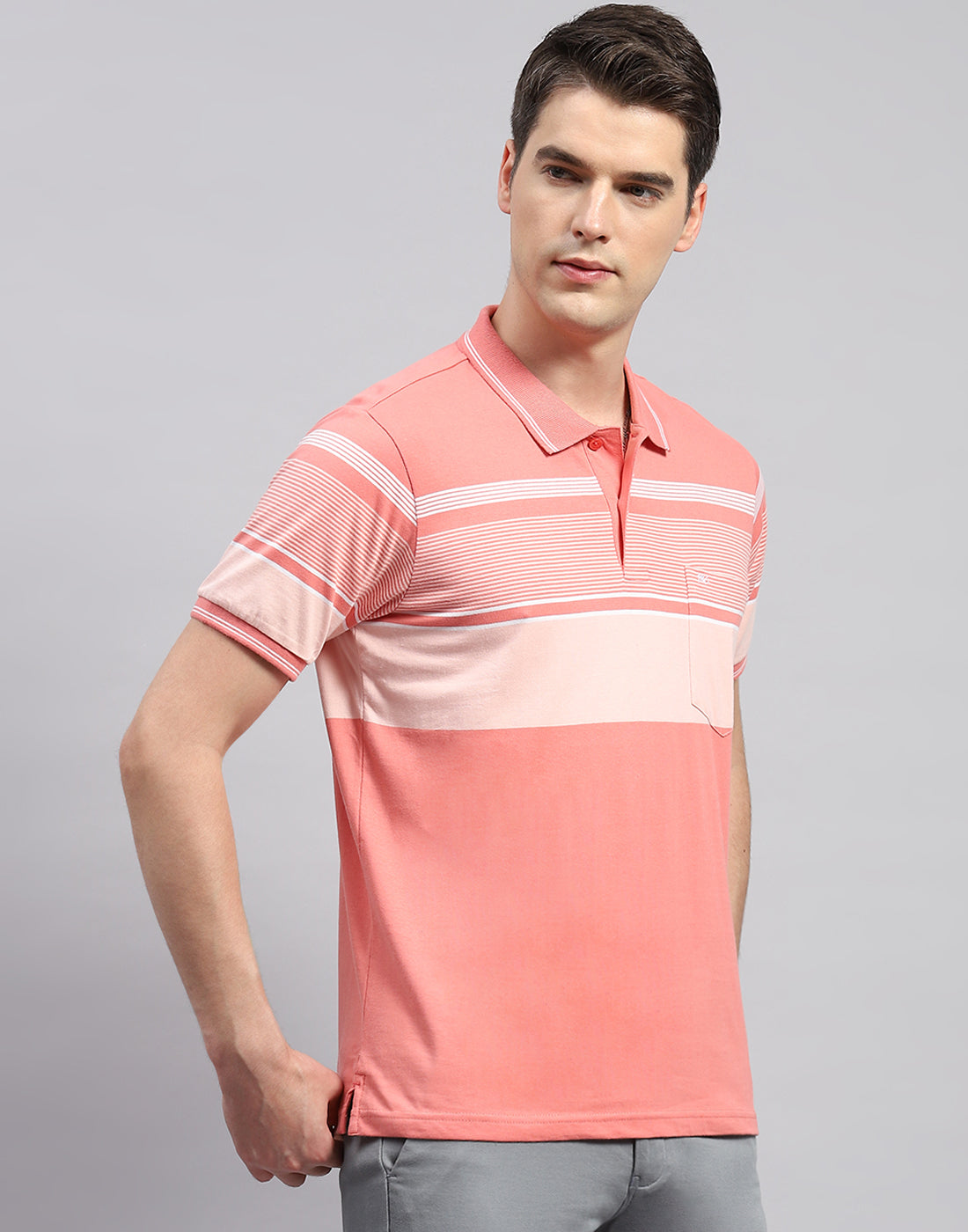 Men Pink Stripe Collar Neck Half Sleeve T-Shirt