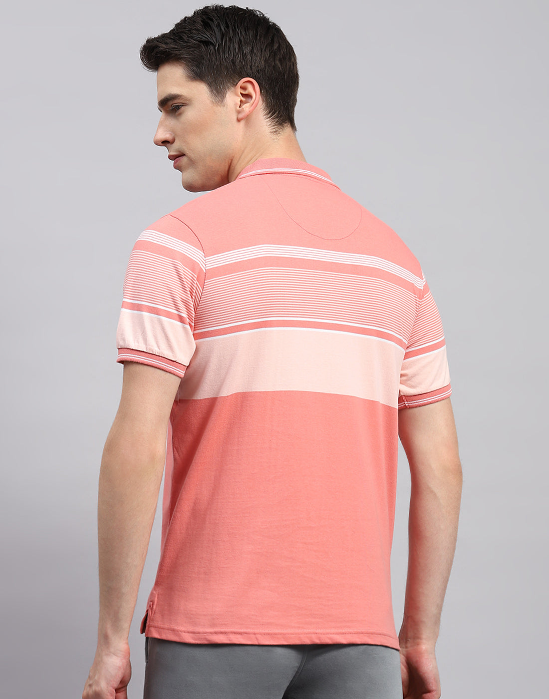 Men Pink Stripe Collar Neck Half Sleeve T-Shirt