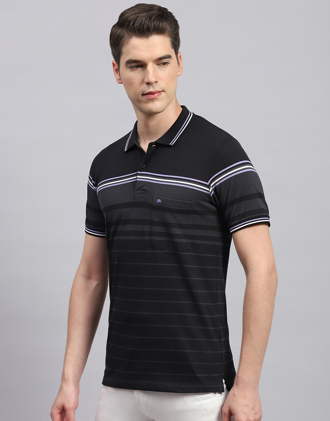 Men Black Stripe Collar Neck Half Sleeve T-Shirt