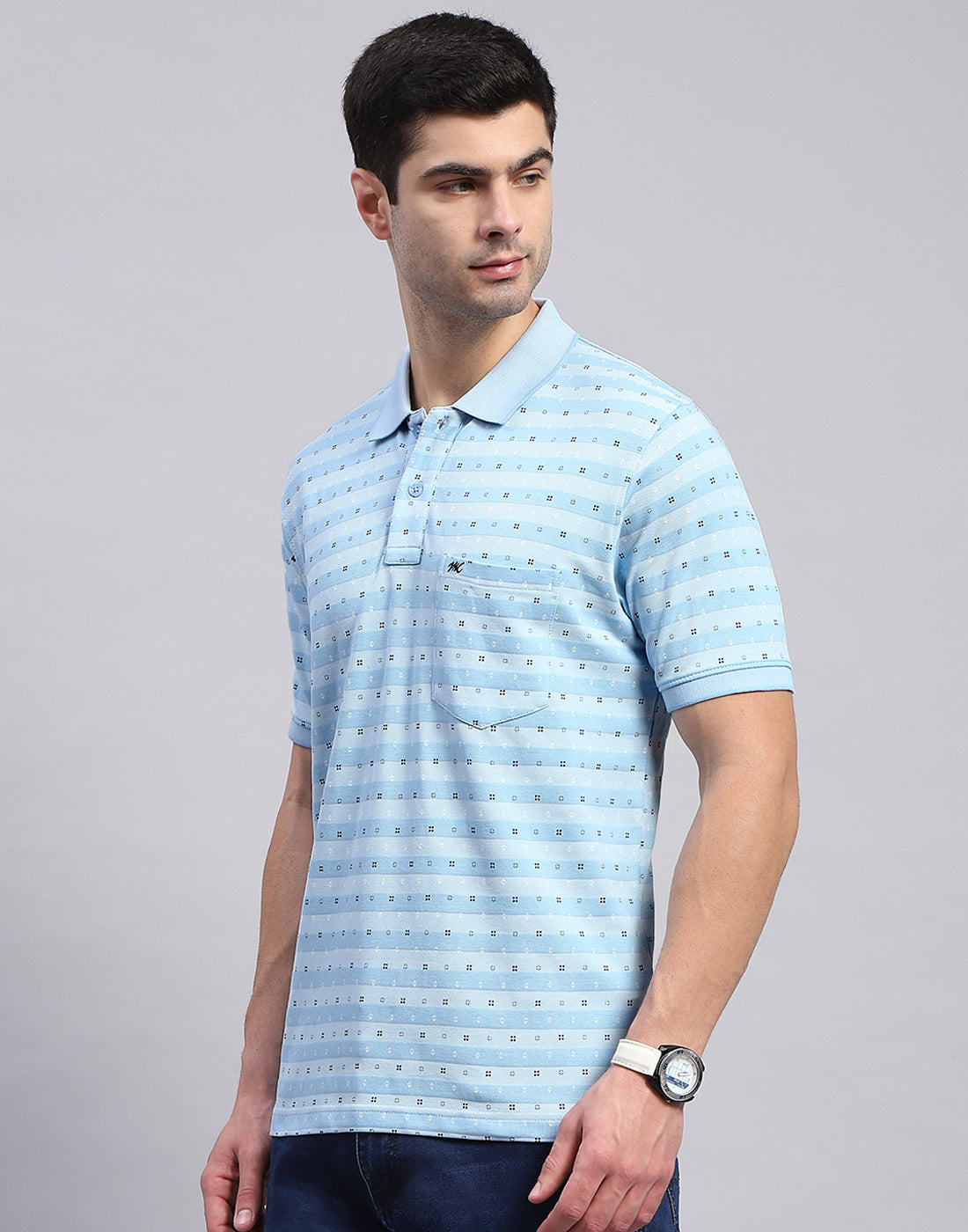 Men Blue Printed Polo Collar Half Sleeve T-Shirt
