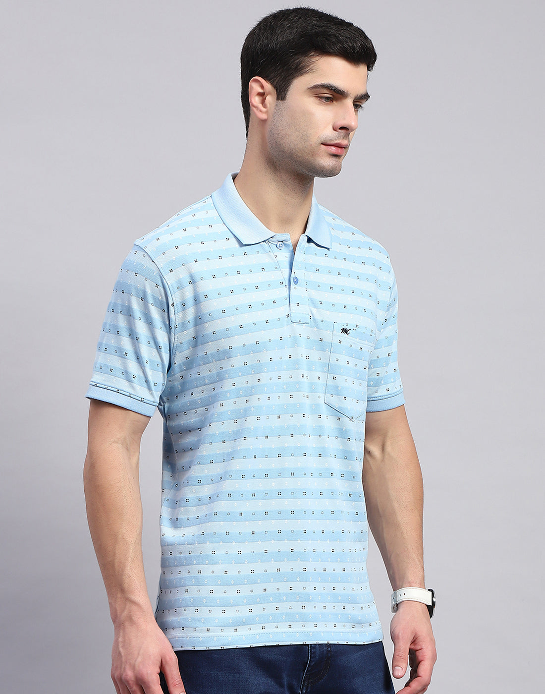 Men Blue Printed Polo Collar Half Sleeve T-Shirt