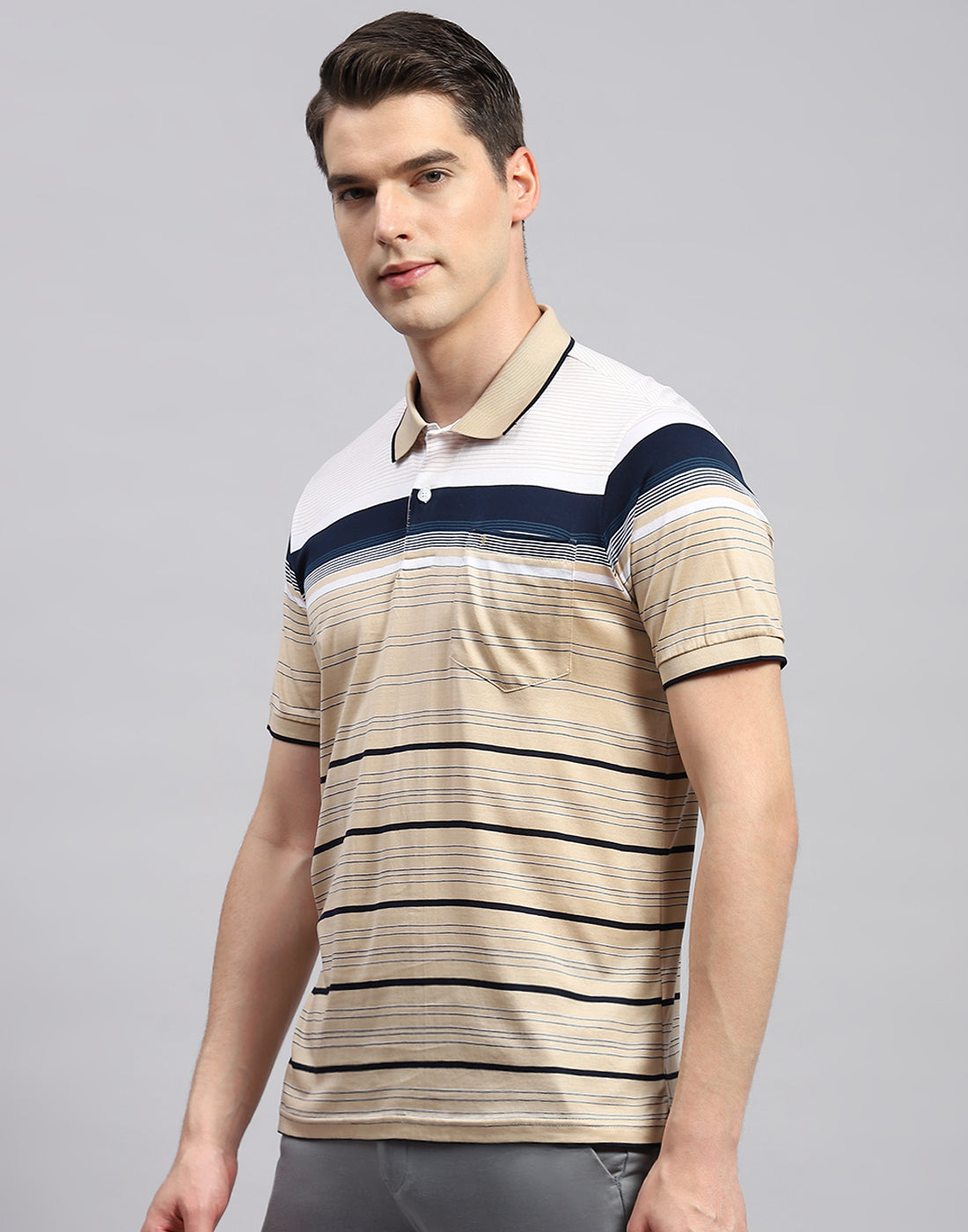 Men Camel Brown Stripe Polo Collar Half Sleeve T-Shirt