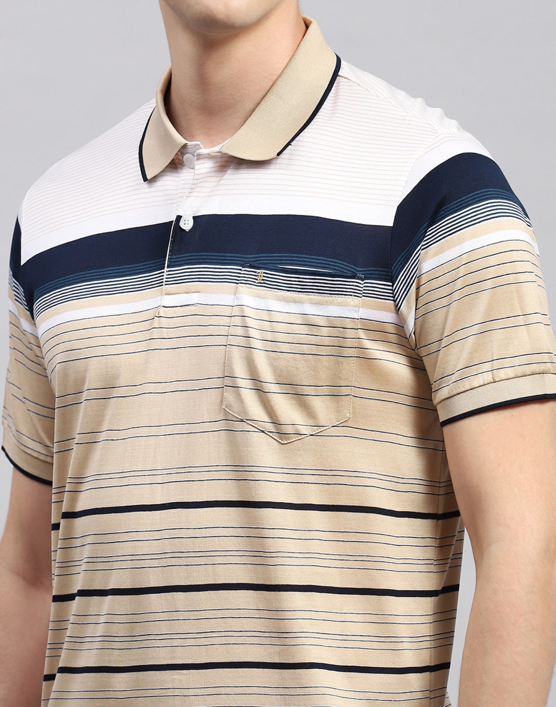 Men Camel Brown Stripe Polo Collar Half Sleeve T-Shirt