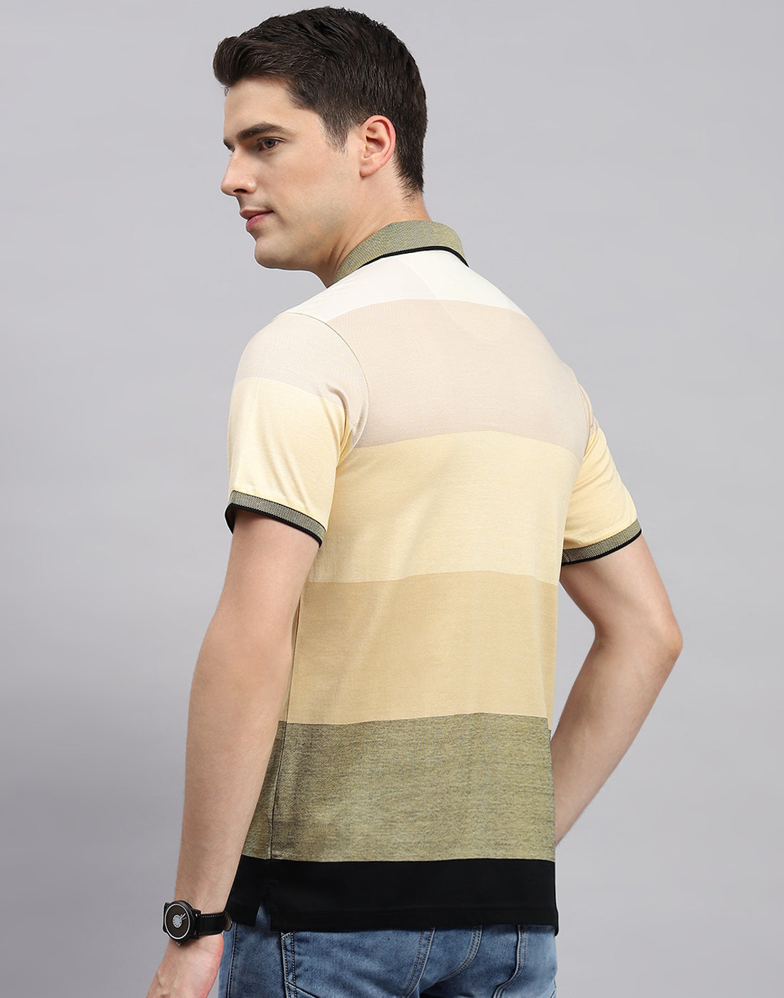 Men Beige Stripe Collar Neck Half Sleeve T-Shirt