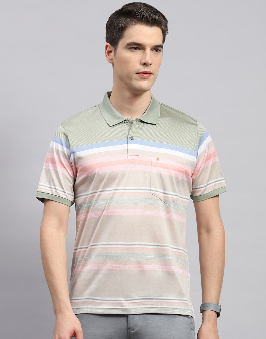 Men Multicolor Stripe Polo Collar Half Sleeve T-Shirt