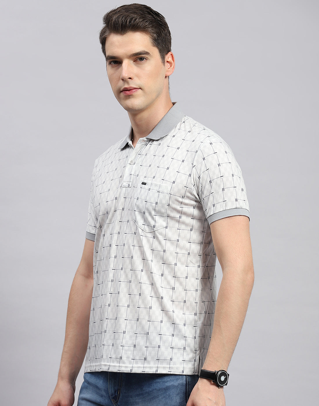 Men Grey Printed Polo Collar Half Sleeve T-Shirt