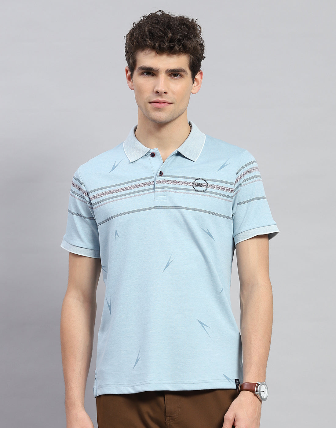 Men Sky Blue Printed Polo Collar Half Sleeve T-Shirt