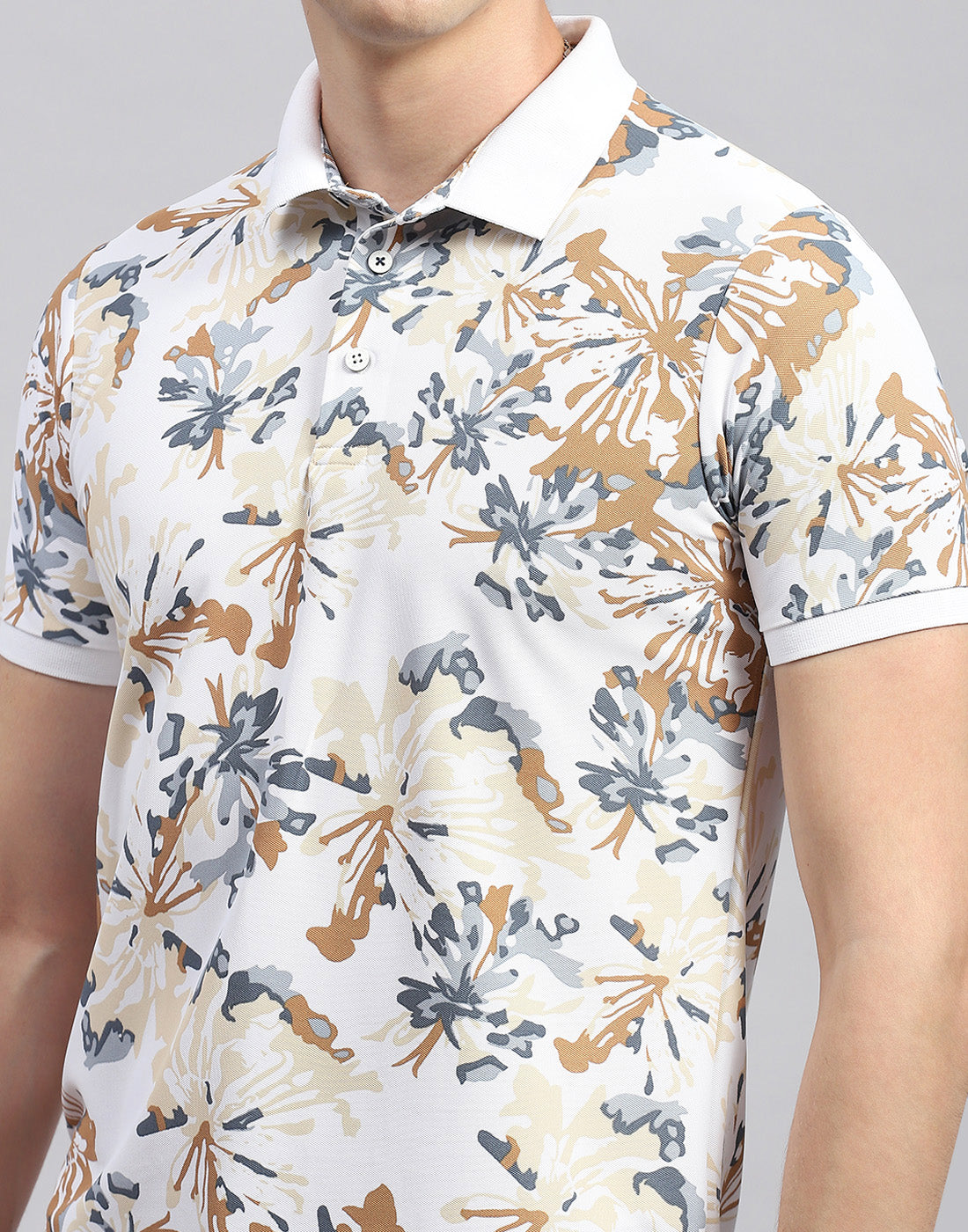 Men White Floral Print Polo Collar Half Sleeve T-Shirt
