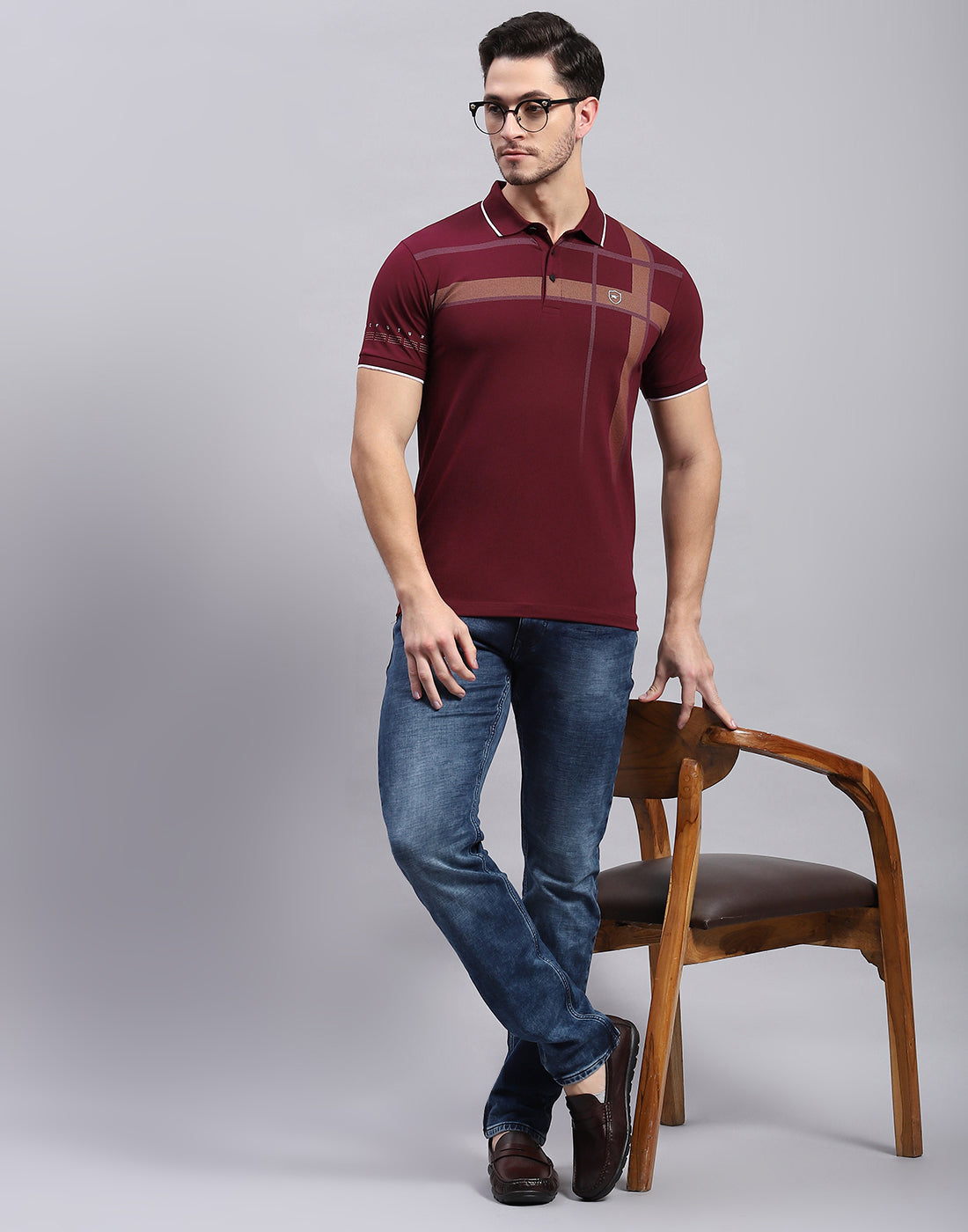 Men Maroon Printed Polo Collar Half Sleeve T-Shirt