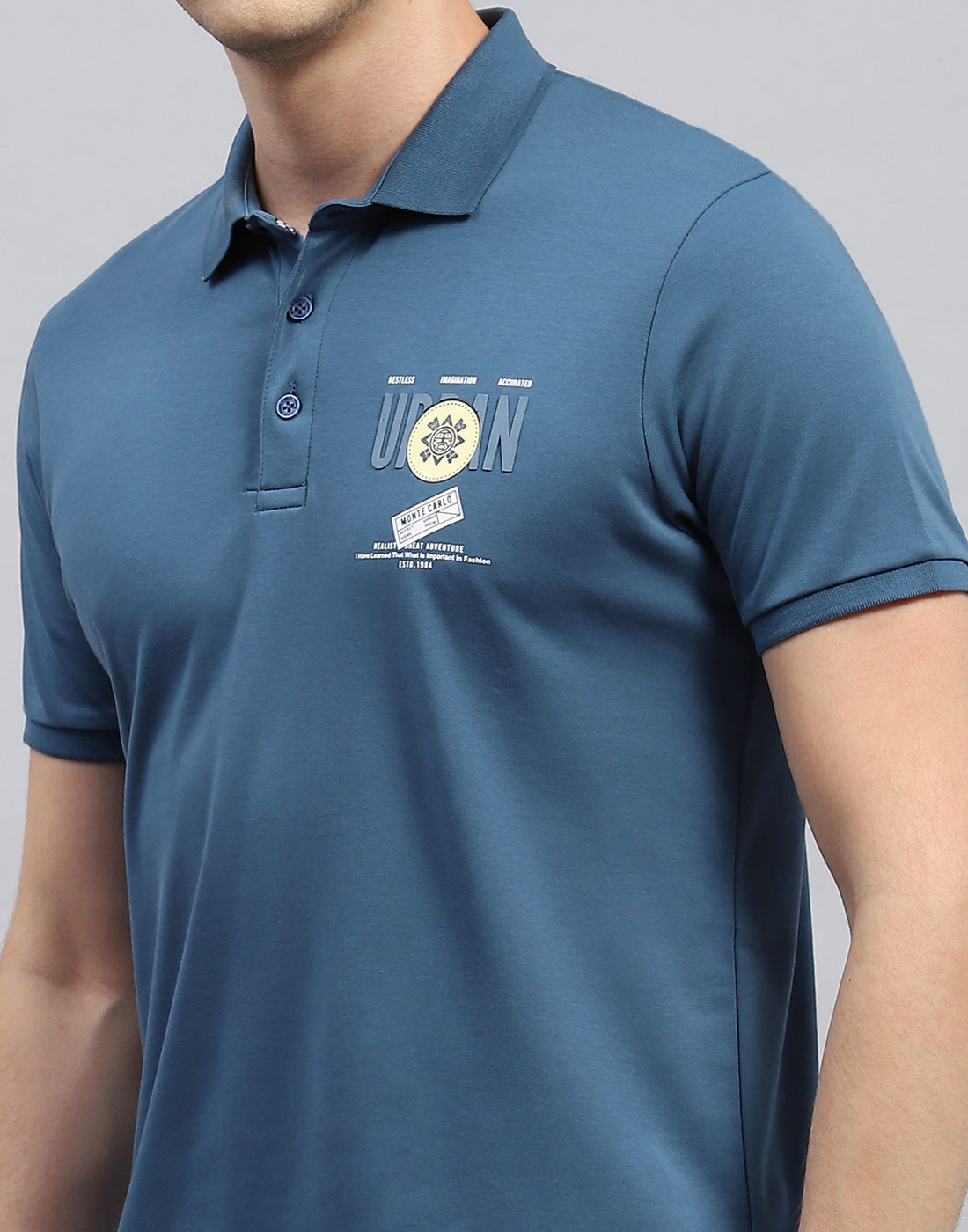 Men Teal Blue Printed Polo Collar Half Sleeve T-Shirt