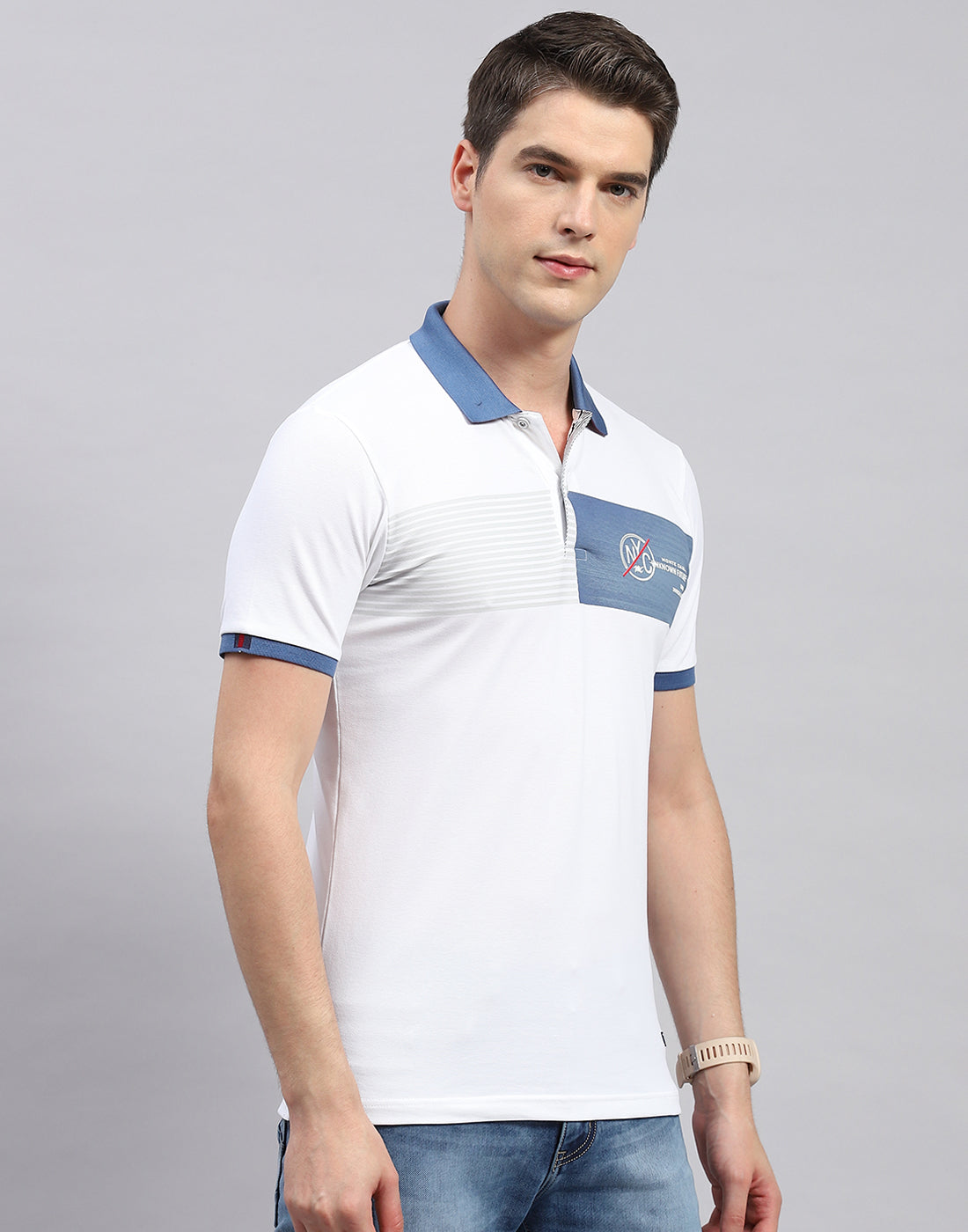 Men White Printed Polo Collar Half Sleeve T-Shirt