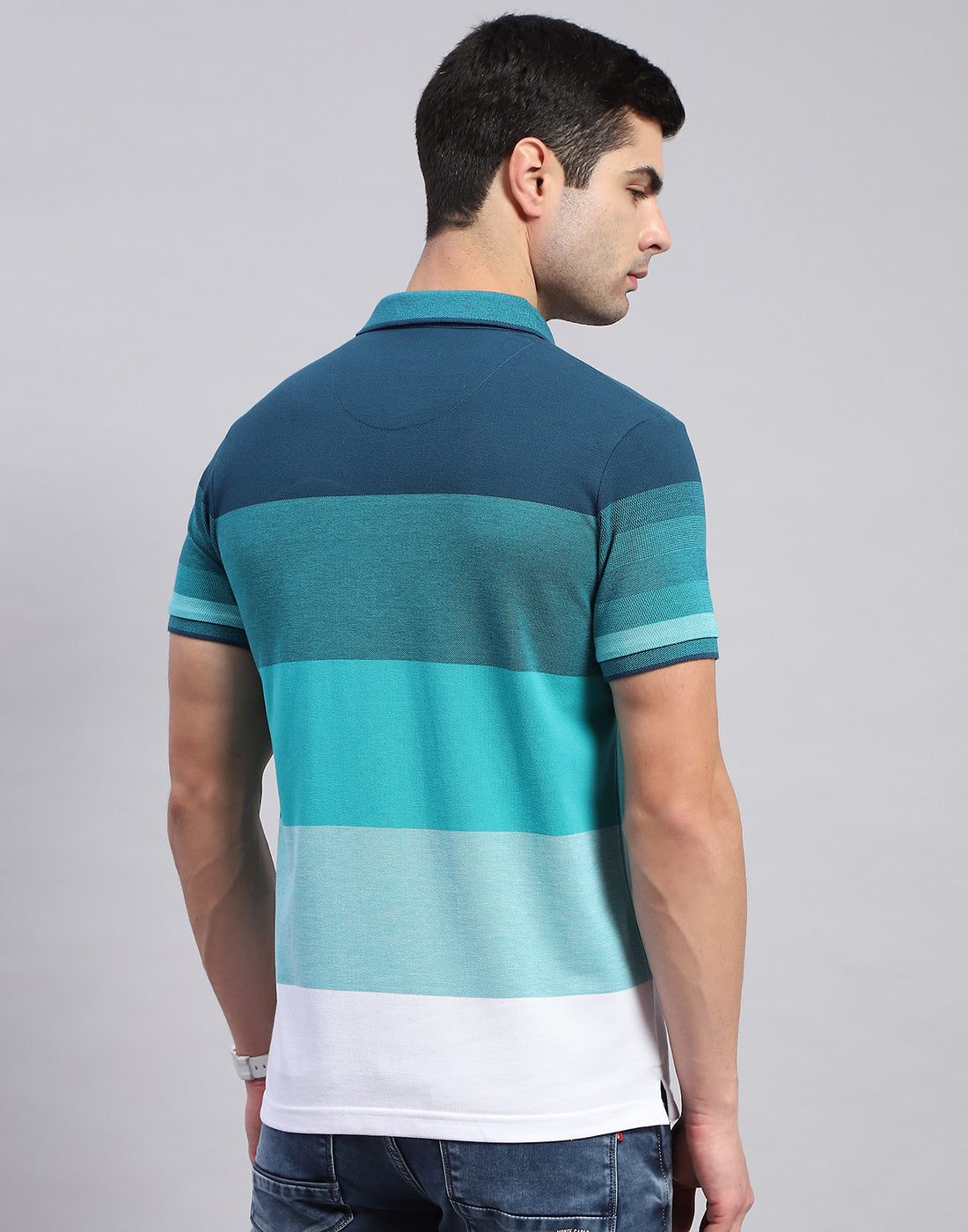 Men Sea Green Stripe Polo Collar Half Sleeve T-Shirt