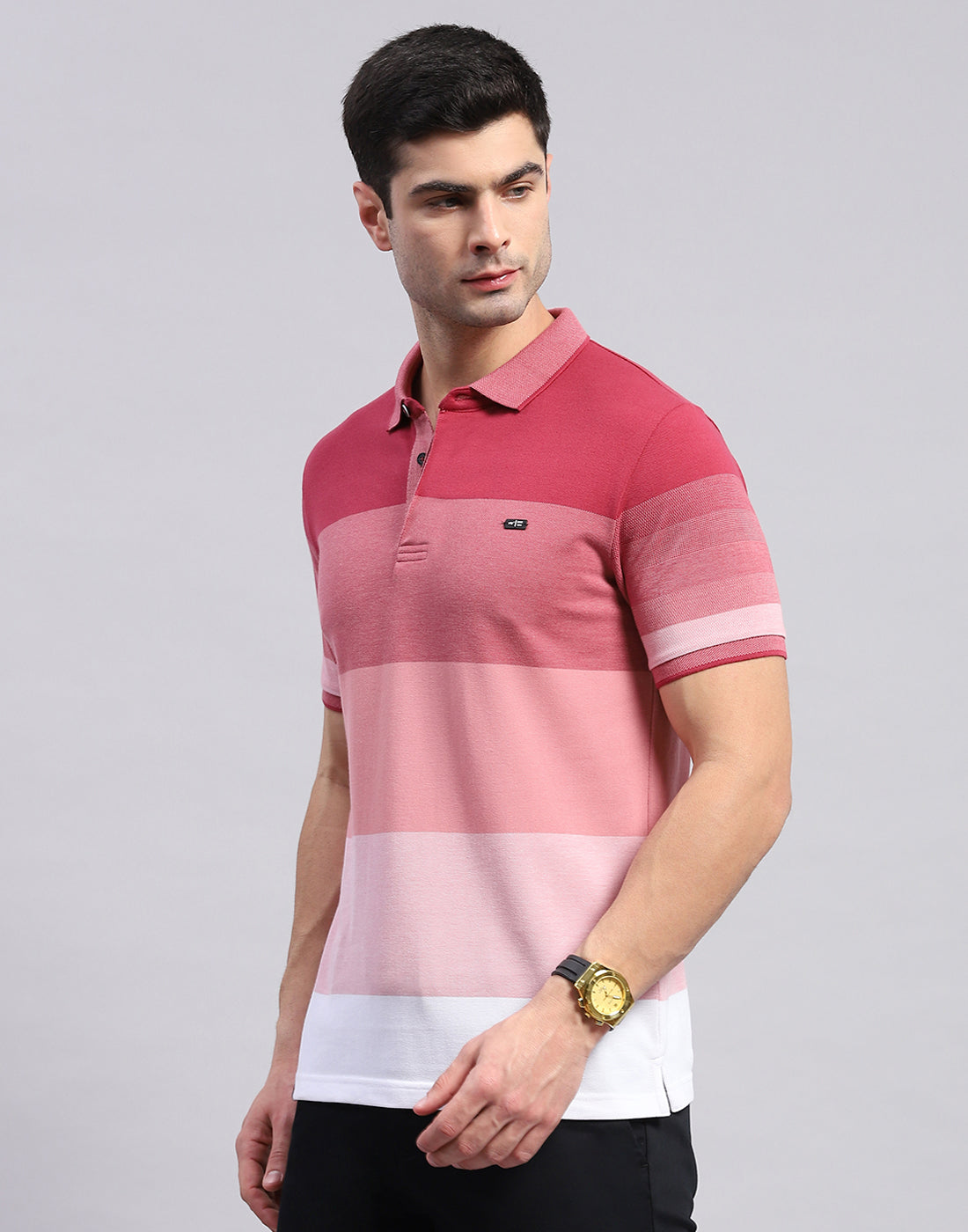 Men Pink Stripe Polo Collar Half Sleeve T-Shirt