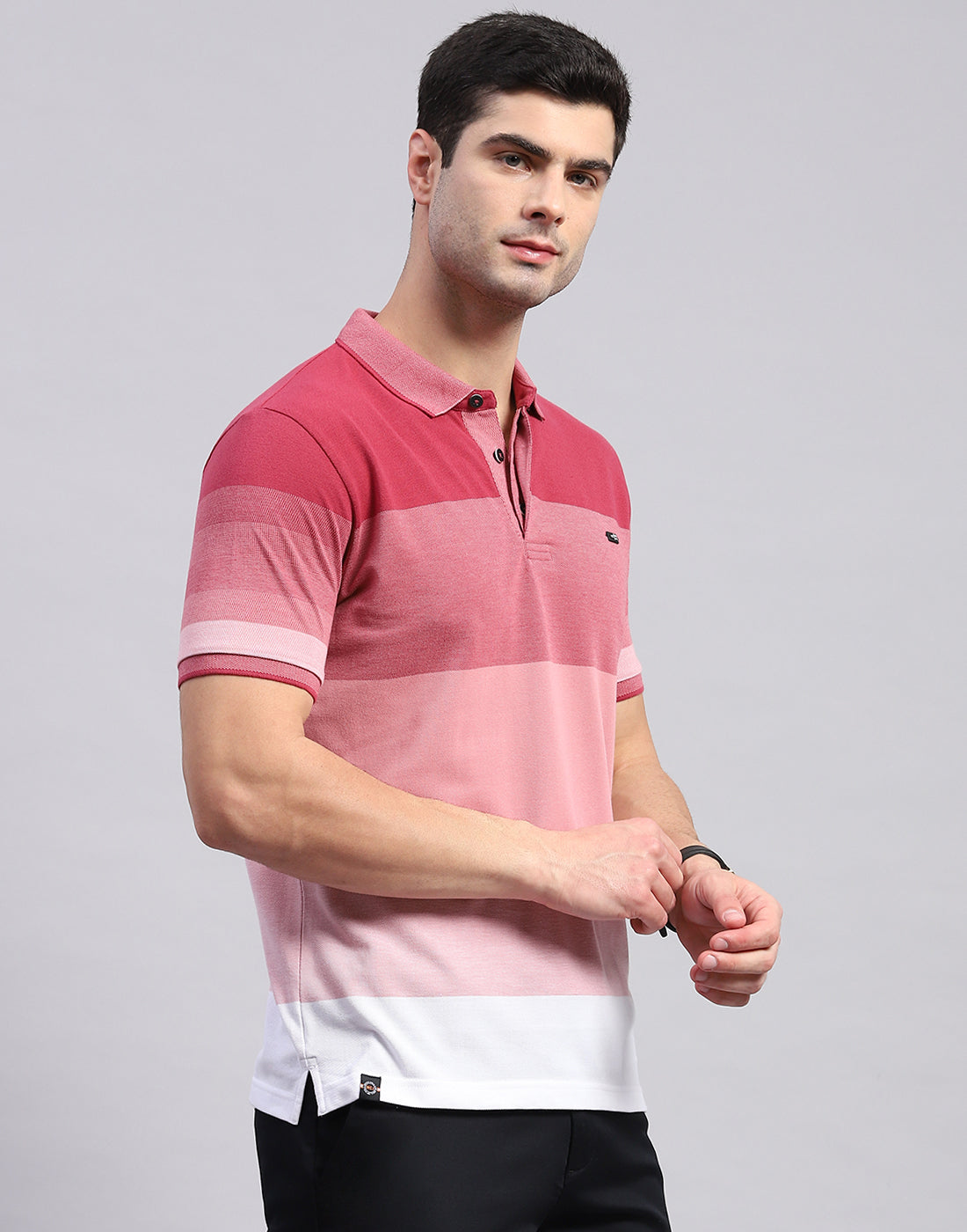 Men Pink Stripe Polo Collar Half Sleeve T-Shirt