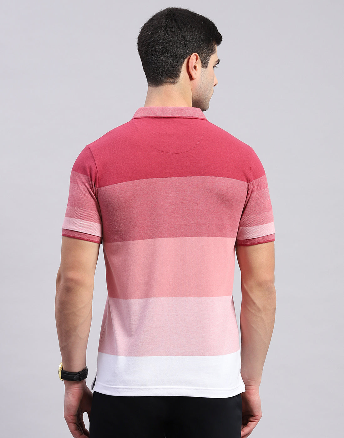 Men Pink Stripe Polo Collar Half Sleeve T-Shirt