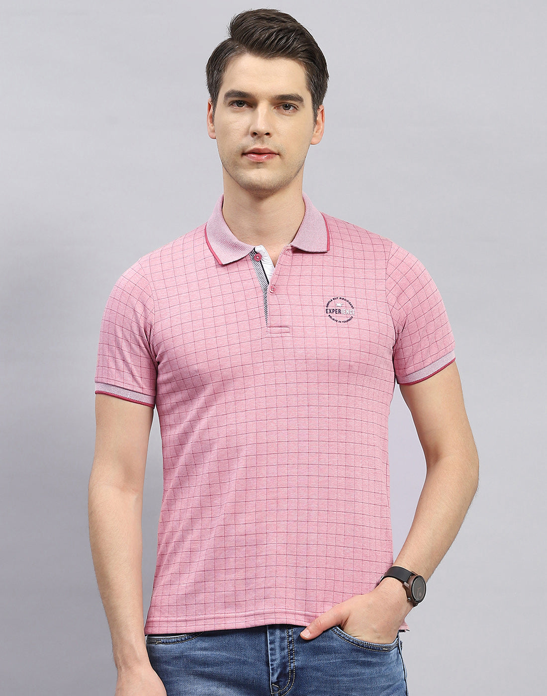 Men Pink Stripe Polo Collar Half Sleeve T-Shirt
