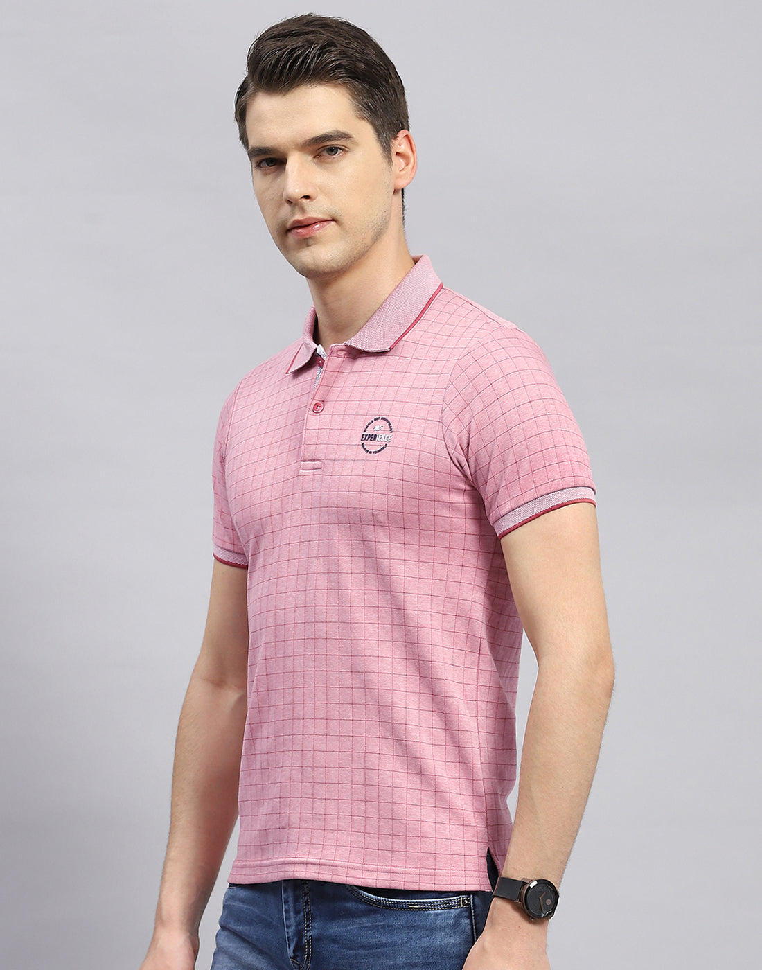 Men Pink Stripe Polo Collar Half Sleeve T-Shirt