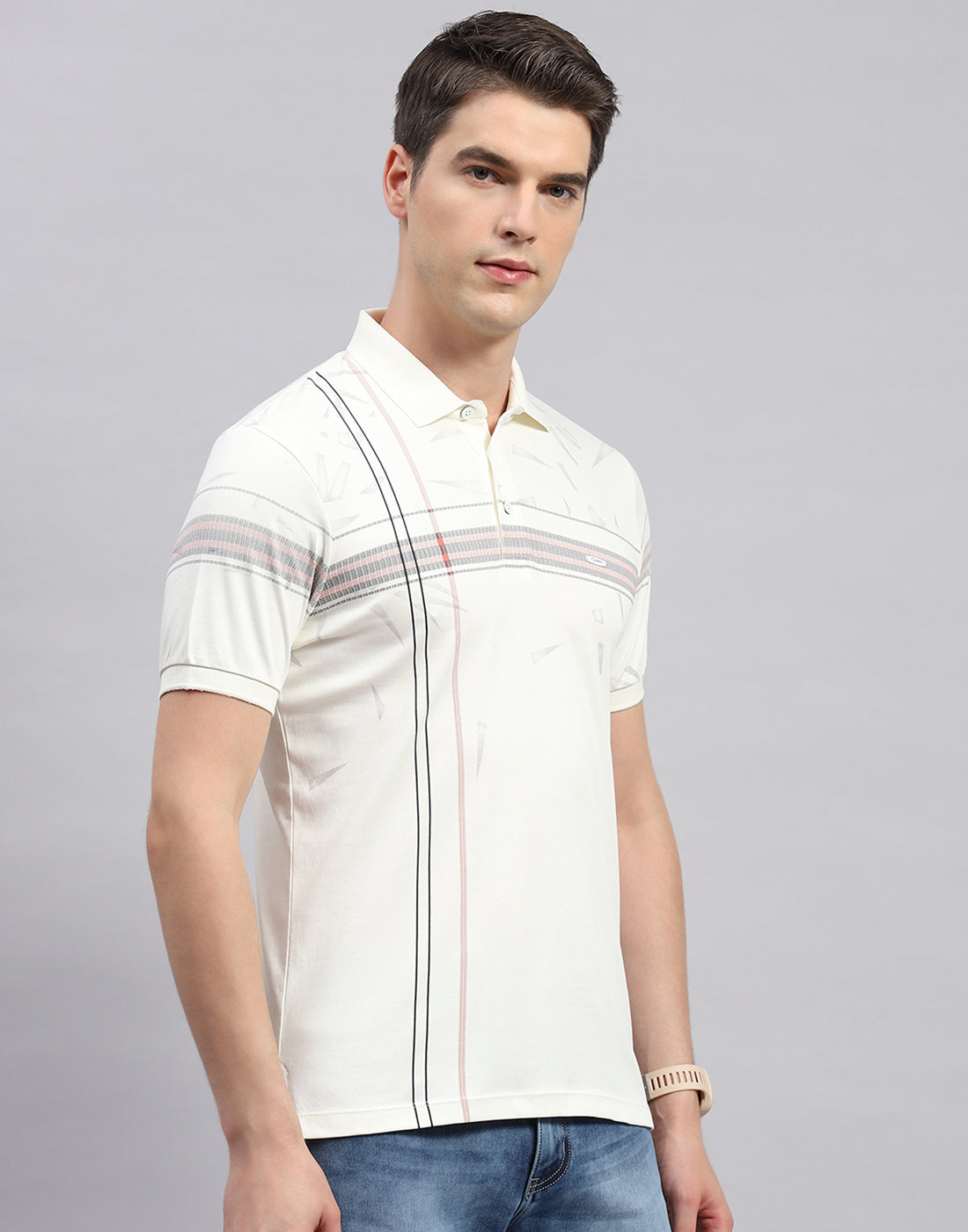 Buy Men Off White Printed Polo Collar Half Sleeve T-Shirt Online