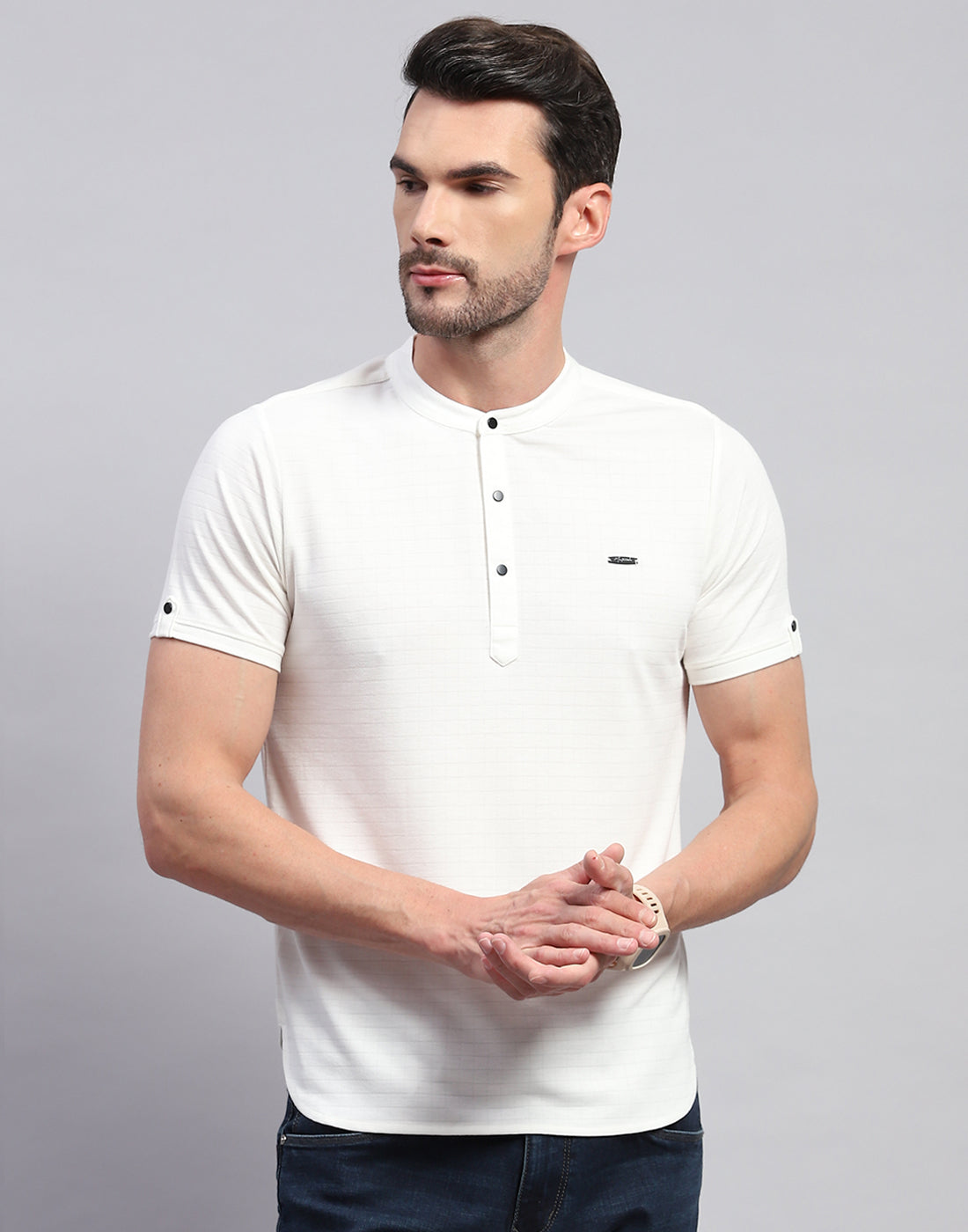 Men White Solid Band Collar Half Sleeve T-Shirt