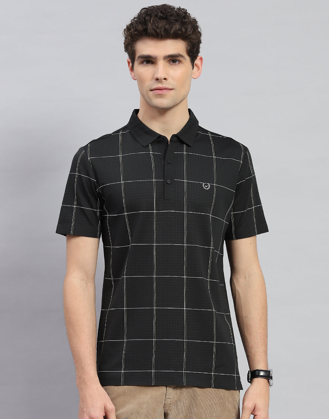 Men Black Check Polo Collar Half Sleeve T-Shirt