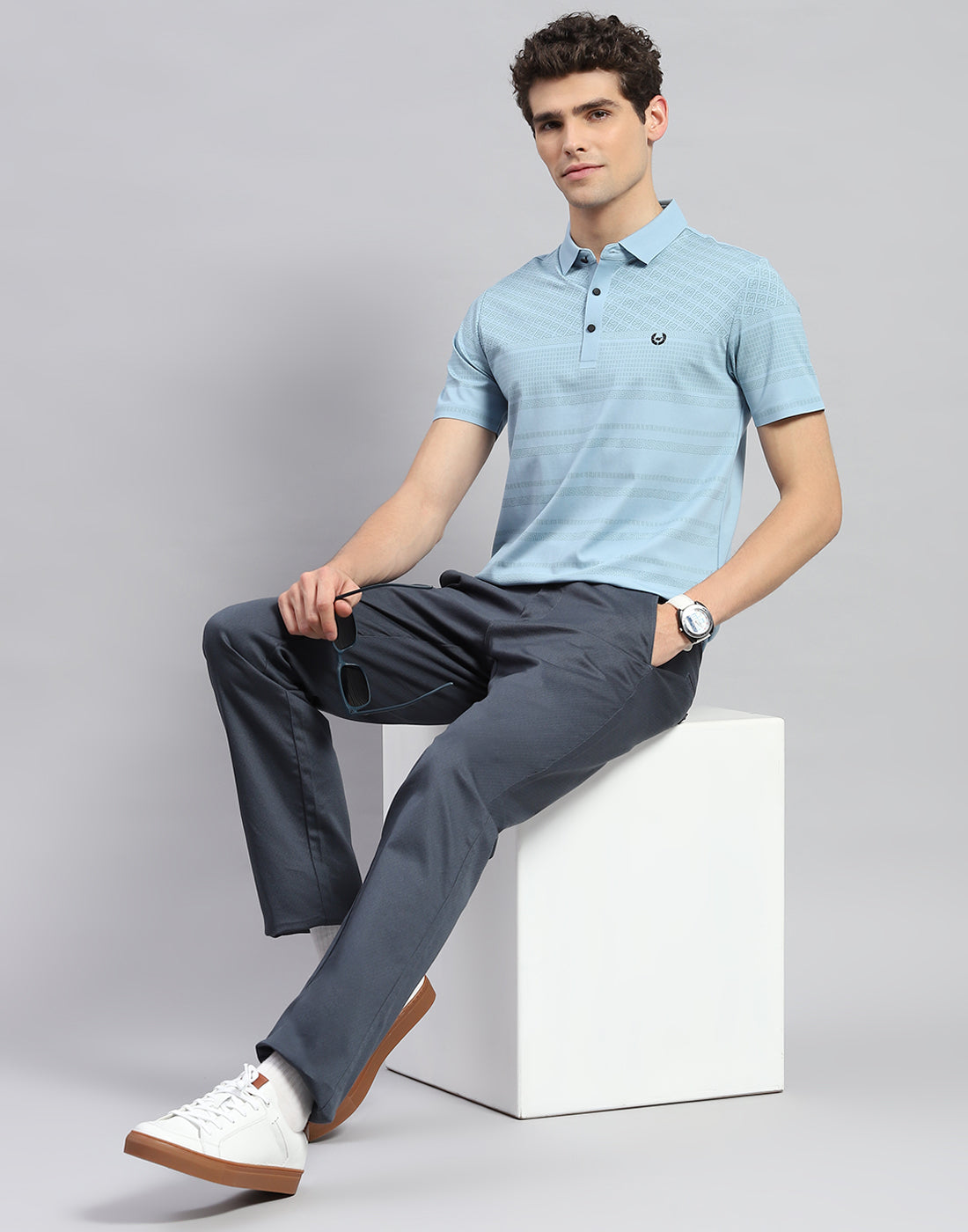 Men Sky Blue Solid Polo Collar Half Sleeve T-Shirt